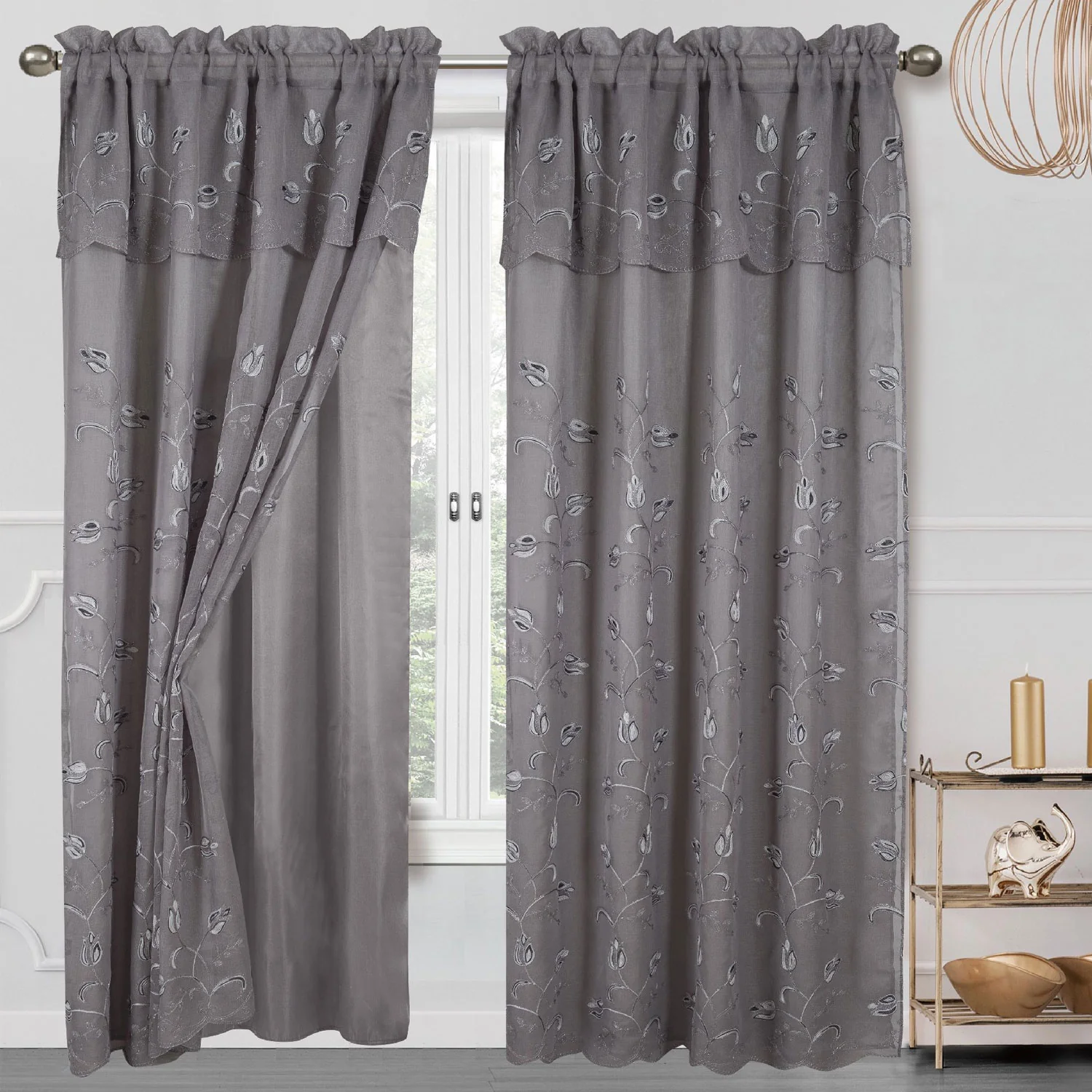 Cecilia Floral Embroidery Window Panel With Valance and Backing, 54x84 Inches - Image 9