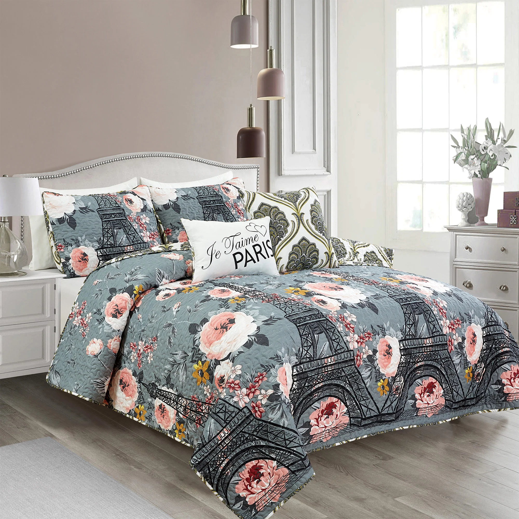Champ Elysees Eiffel Tower Printed 5-Piece Reversible Quilt Set - Image 2