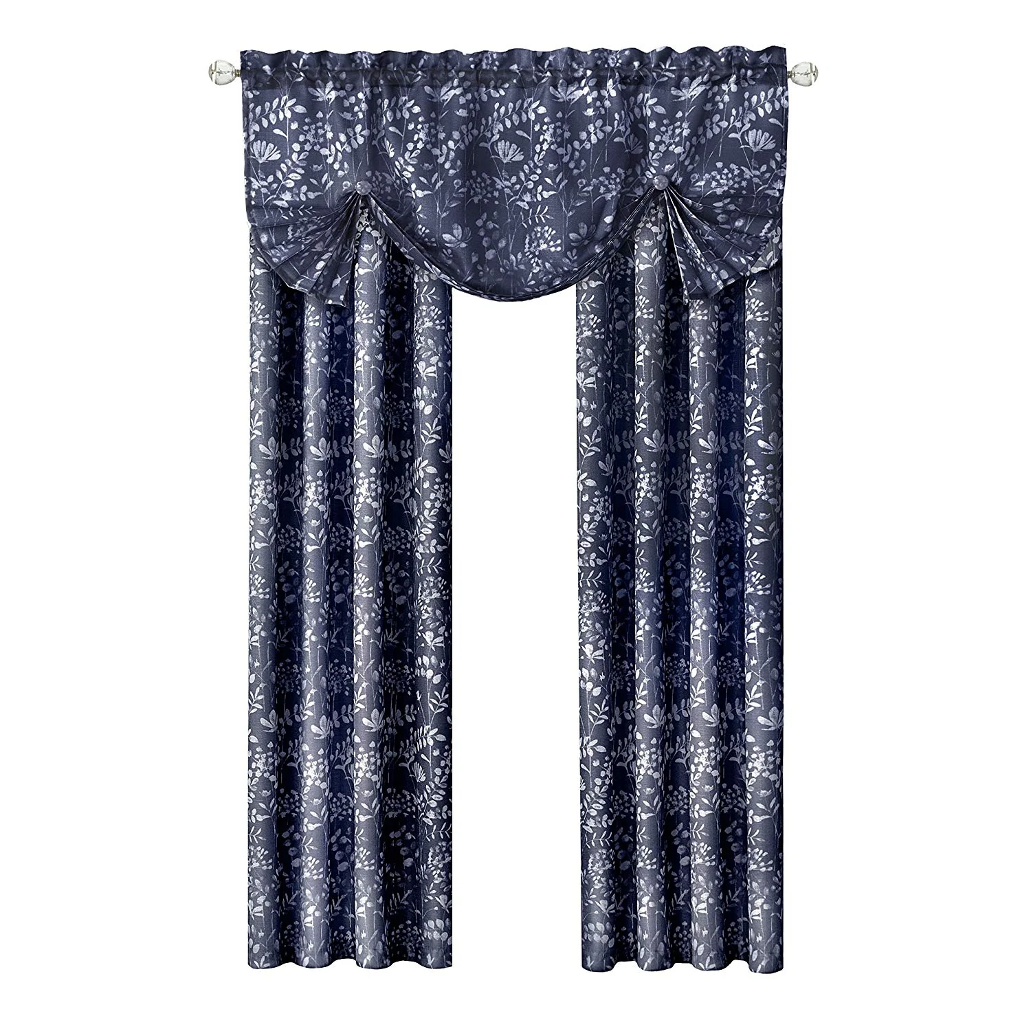 Charlotte Floral Design Rod Pocket Window Panel And Valance Treatments, Navy - Image 2