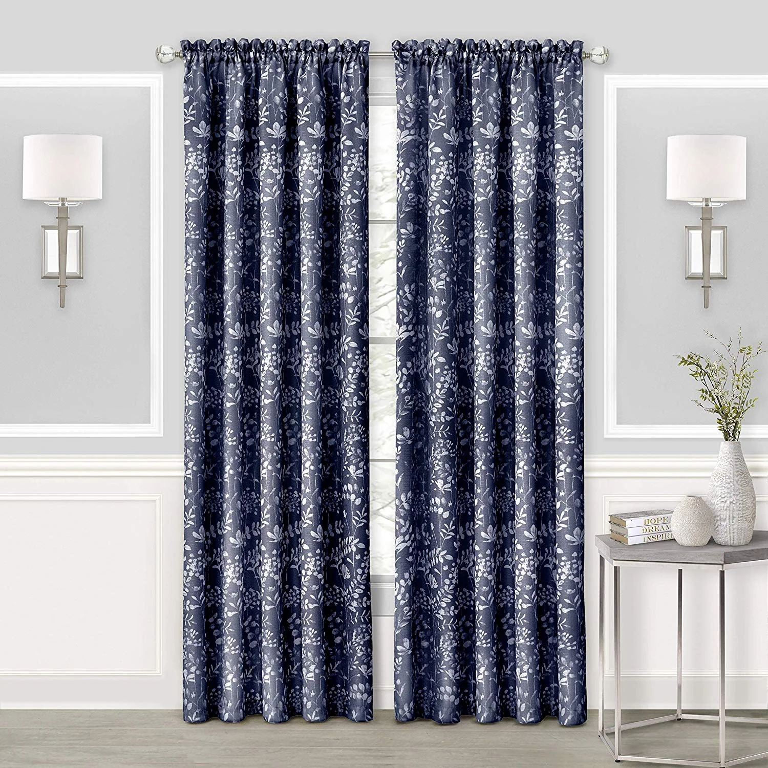 Charlotte Floral Design Rod Pocket Window Panel And Valance Treatments, Navy - Image 3