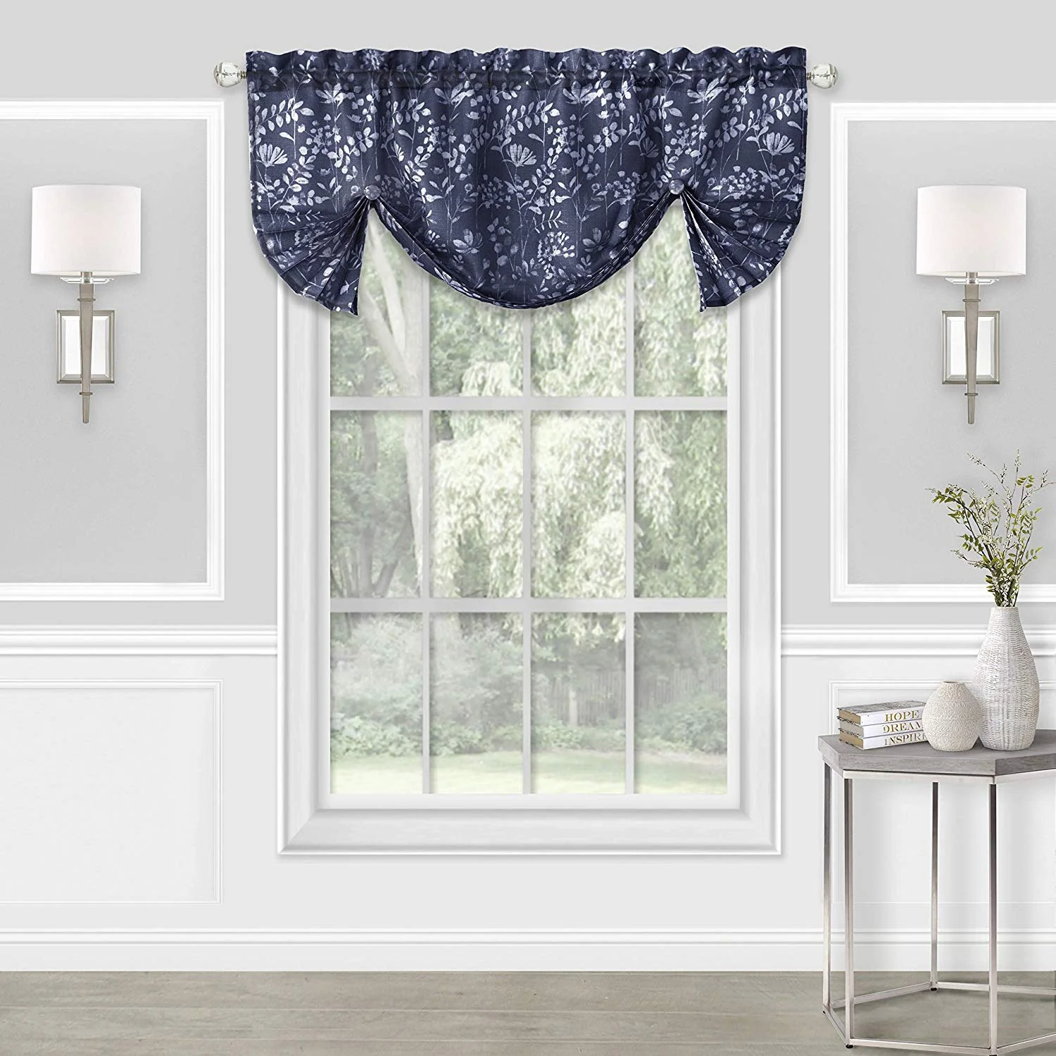 Charlotte Floral Design Rod Pocket Window Panel And Valance Treatments, Navy - Image 4