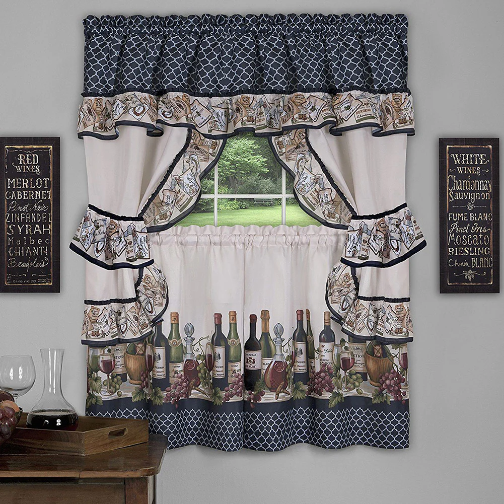 Chateau 3-Piece Kitchen Curtain Valance & Tiers Cottage Set, Navy, 57x36 Inches - Image 3