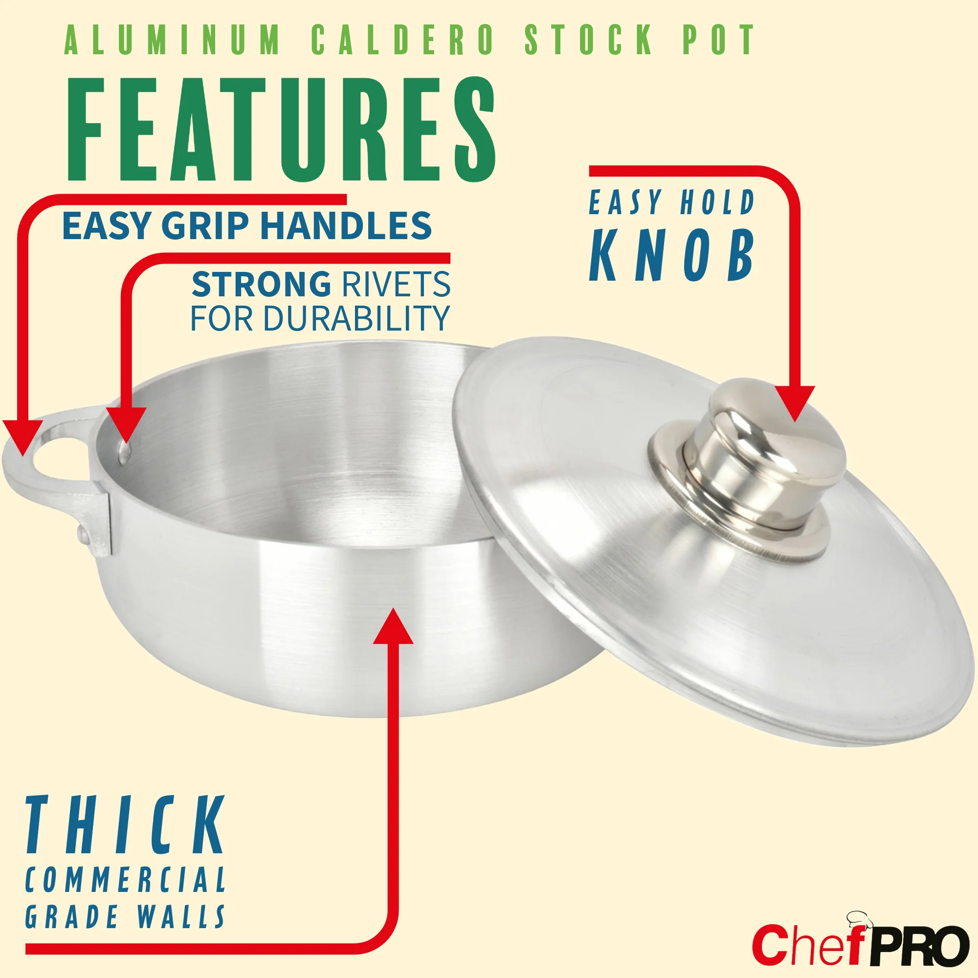 Chef Pro Commercial Grade Aluminum Caldero Stock Pot, Silver, 5.1 Quarts - Image 2