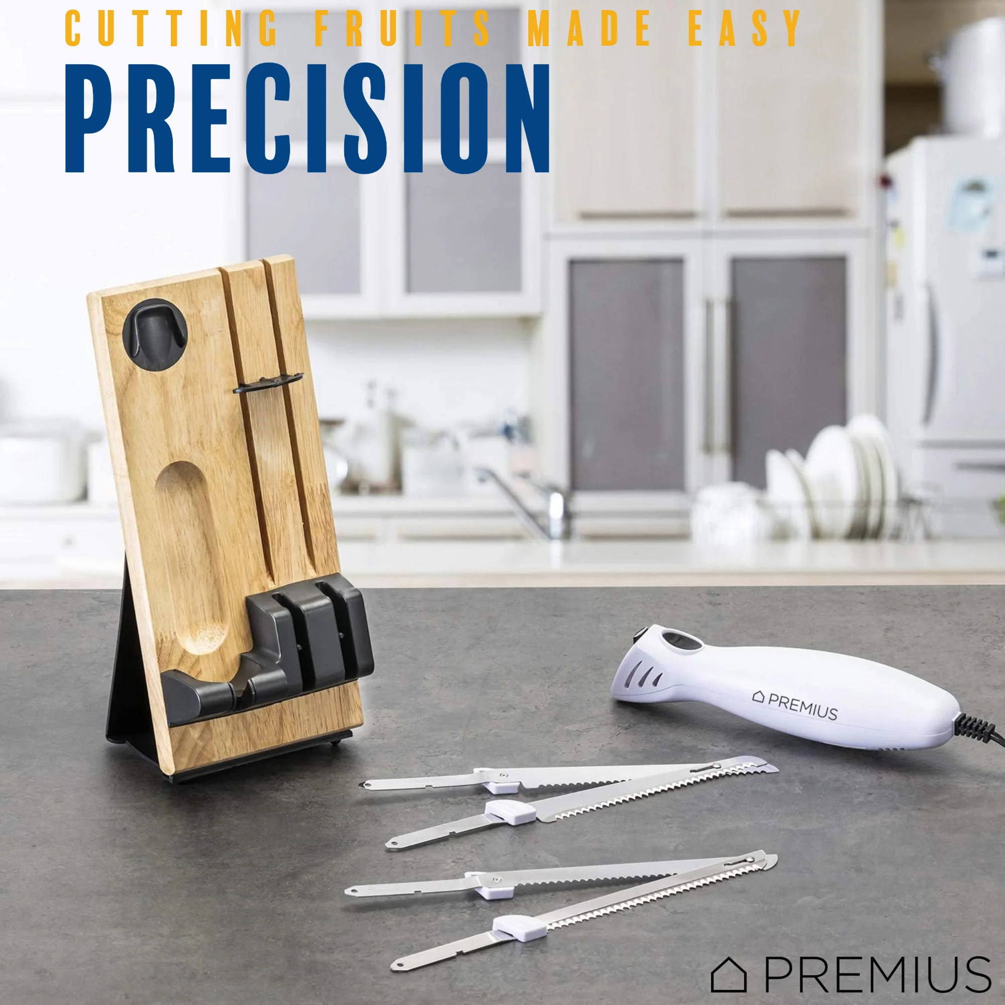 PREMIUS Serrated Carving Electric Knife Set With Wooden Storage Tray, with 2 Stainless Steel Blades - Image 4