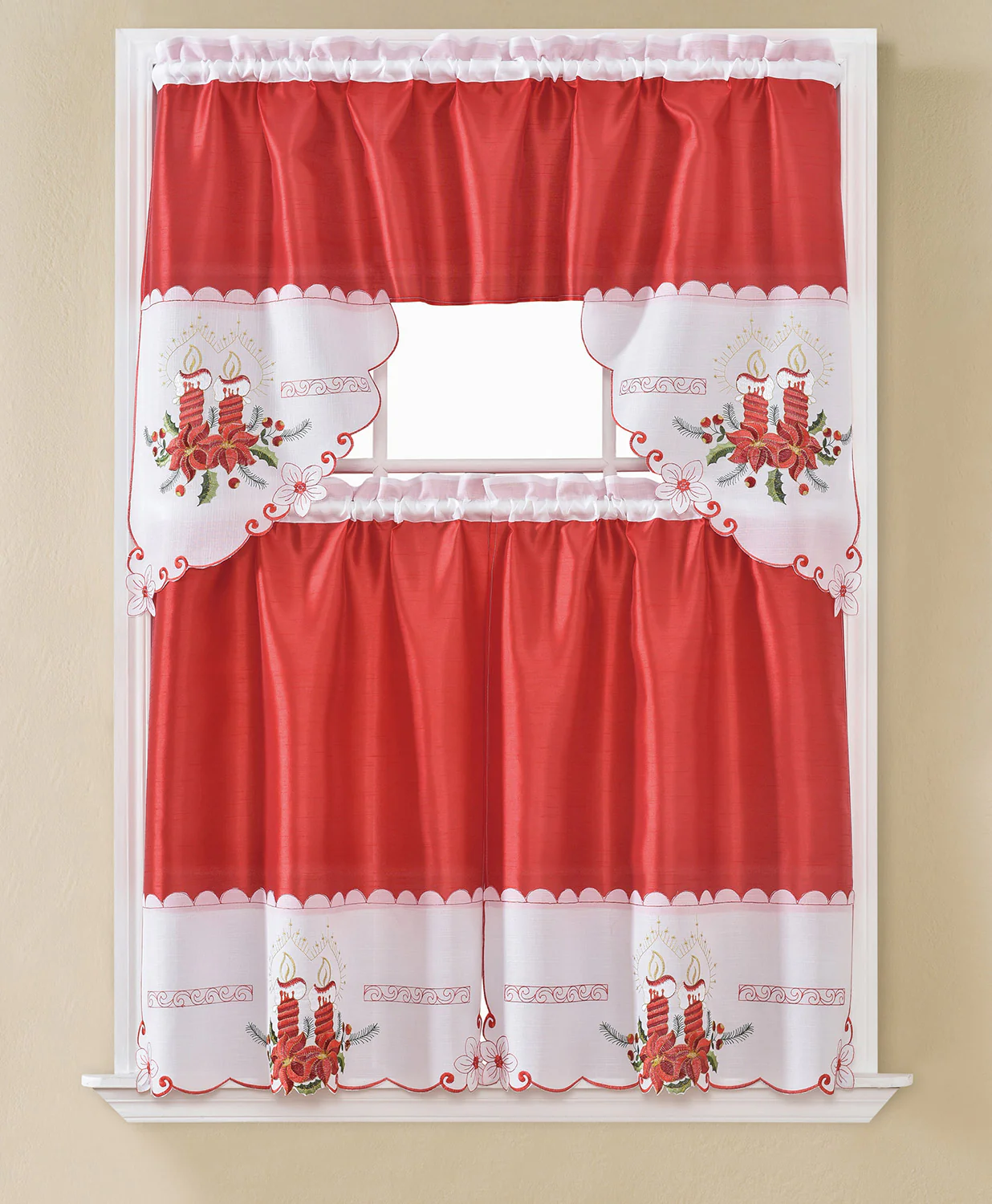 Christmas Candle Embroidered Kitchen Curtain and Valance Set, Red, Tiers 30x36, Swag 60x36 Inches