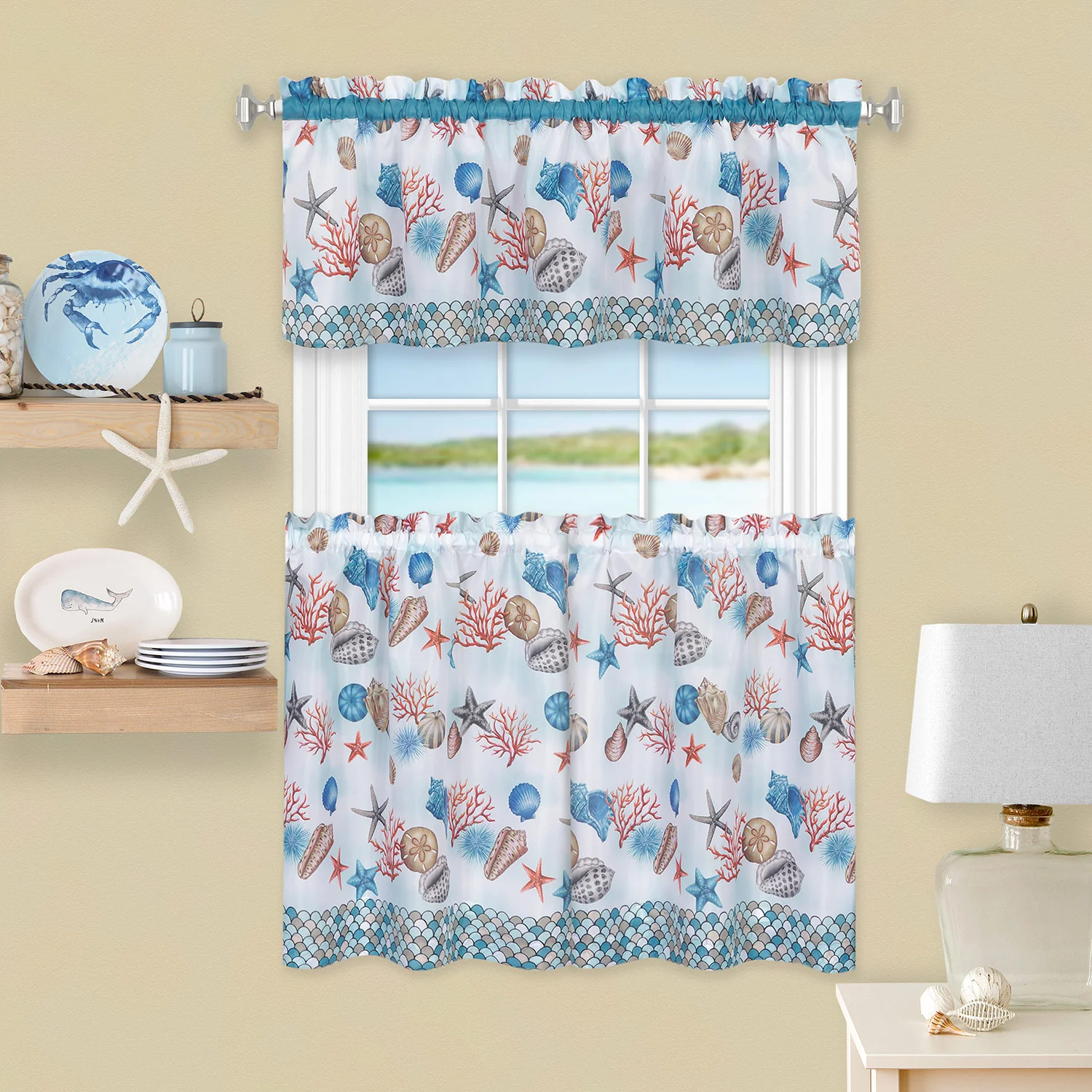 Coastal 3-Piece Printed Kitchen Curtain Set, Blue, Tiers 58x36, Swag 58x14 Inches - Image 3