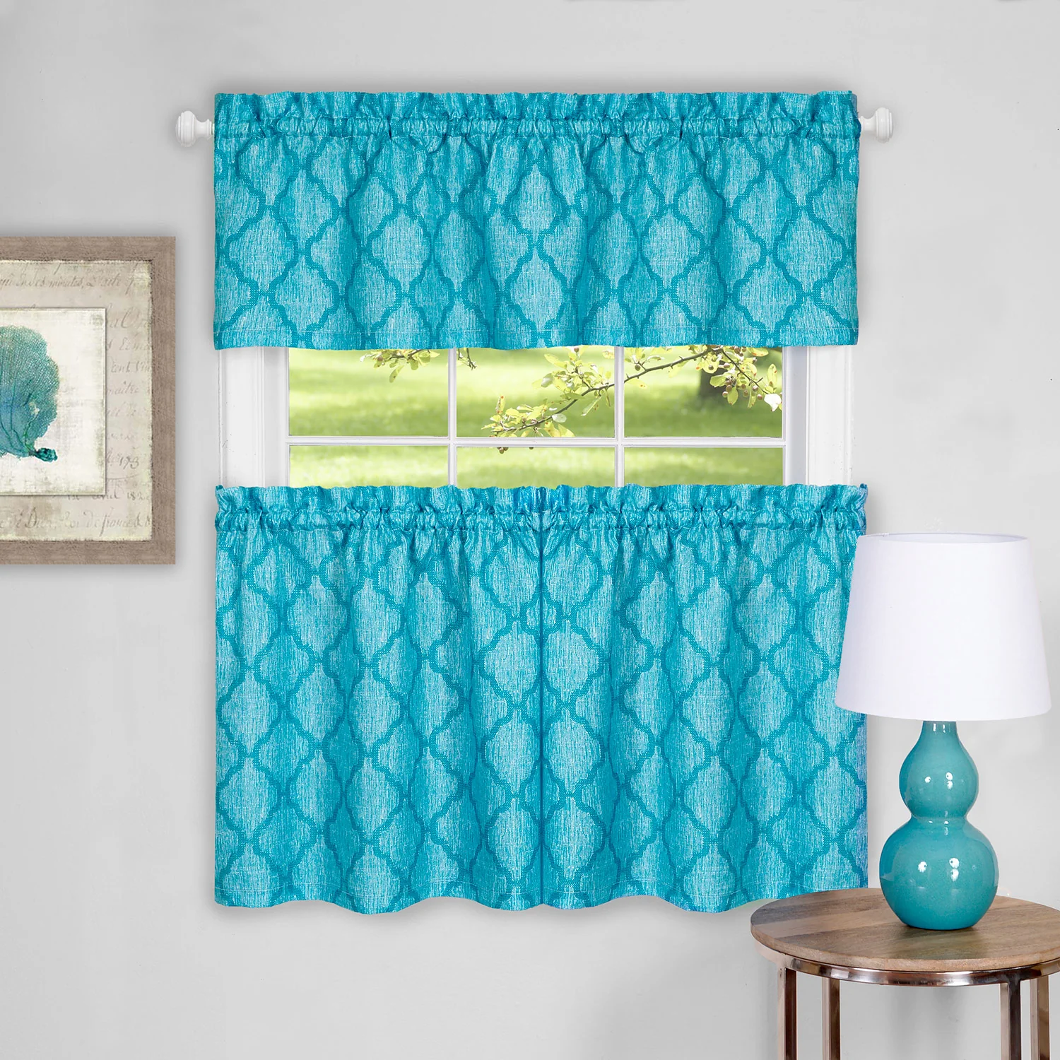 Colby 3-Piece Printed Kitchen Curtain Set, Turquoise, Tiers 58x36, Swag 58x14 Inches - Image 3