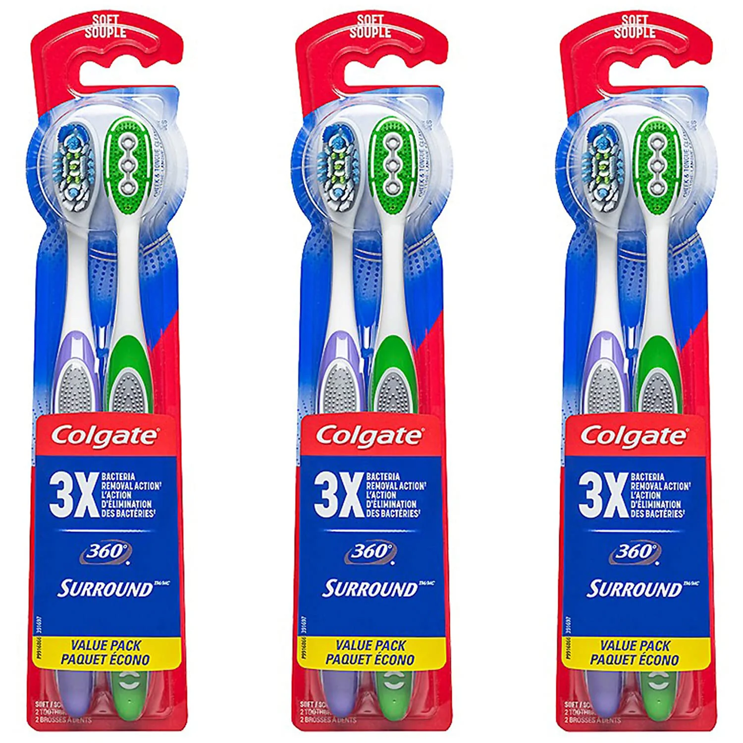 Colgate 360 Surround Manual Toothbrushes with Tongue and Cheek Cleaner, 6 Count (Pack of 3)