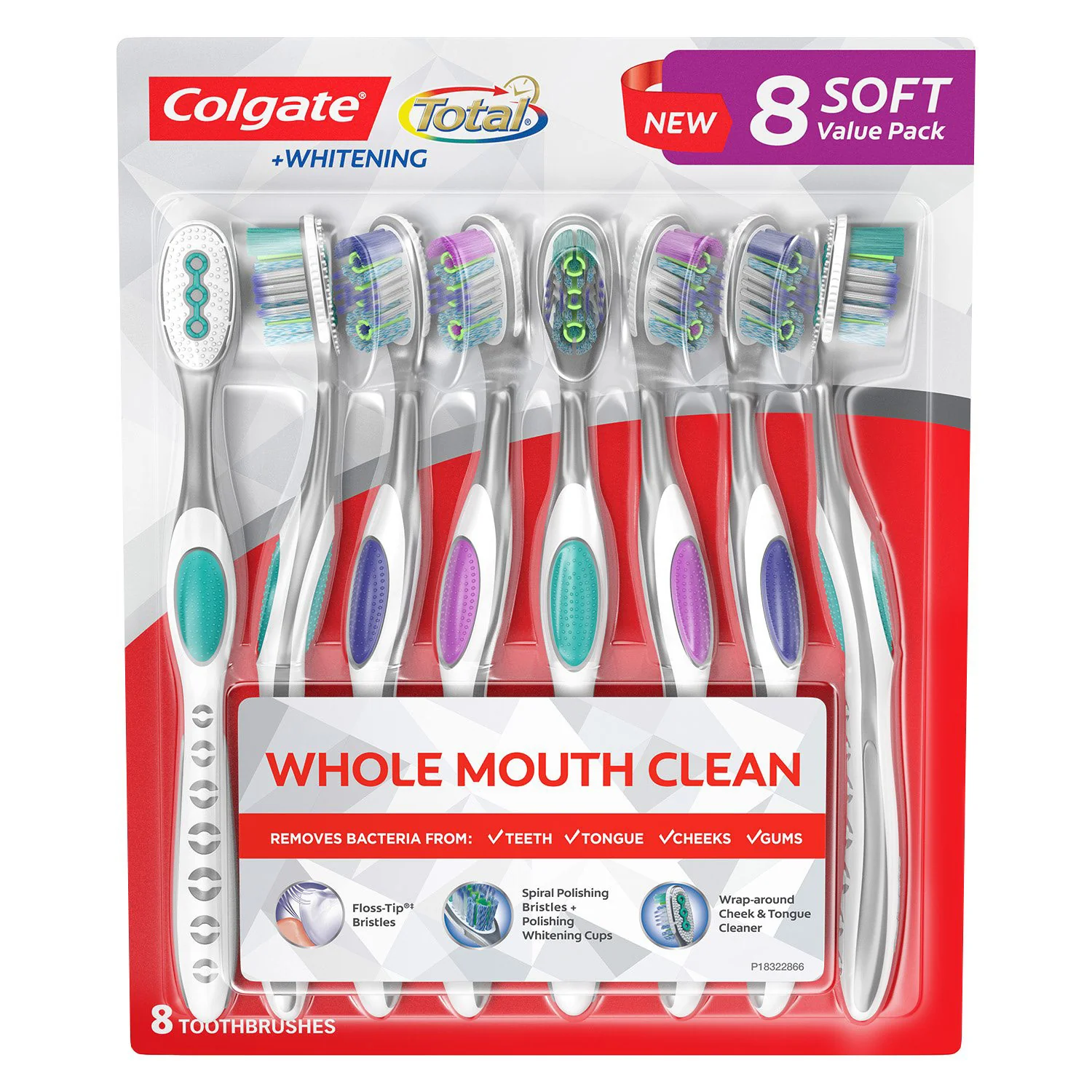 Colgate Total + Whitening Toothbrush with Tongue Cleaner, Soft, 8 Pack