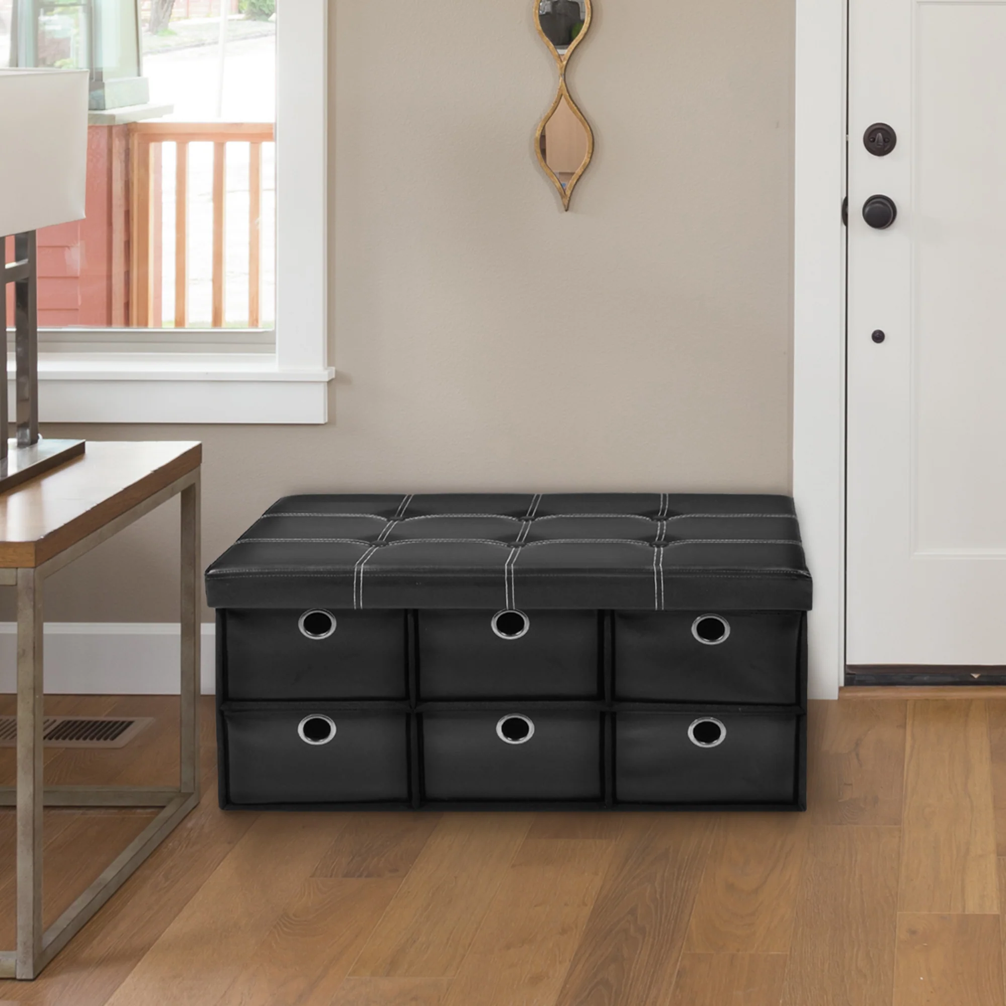 Collapsible 6 Drawer Storage Ottoman, Black Faux Leather, 30x15x15 Inches - Image 2