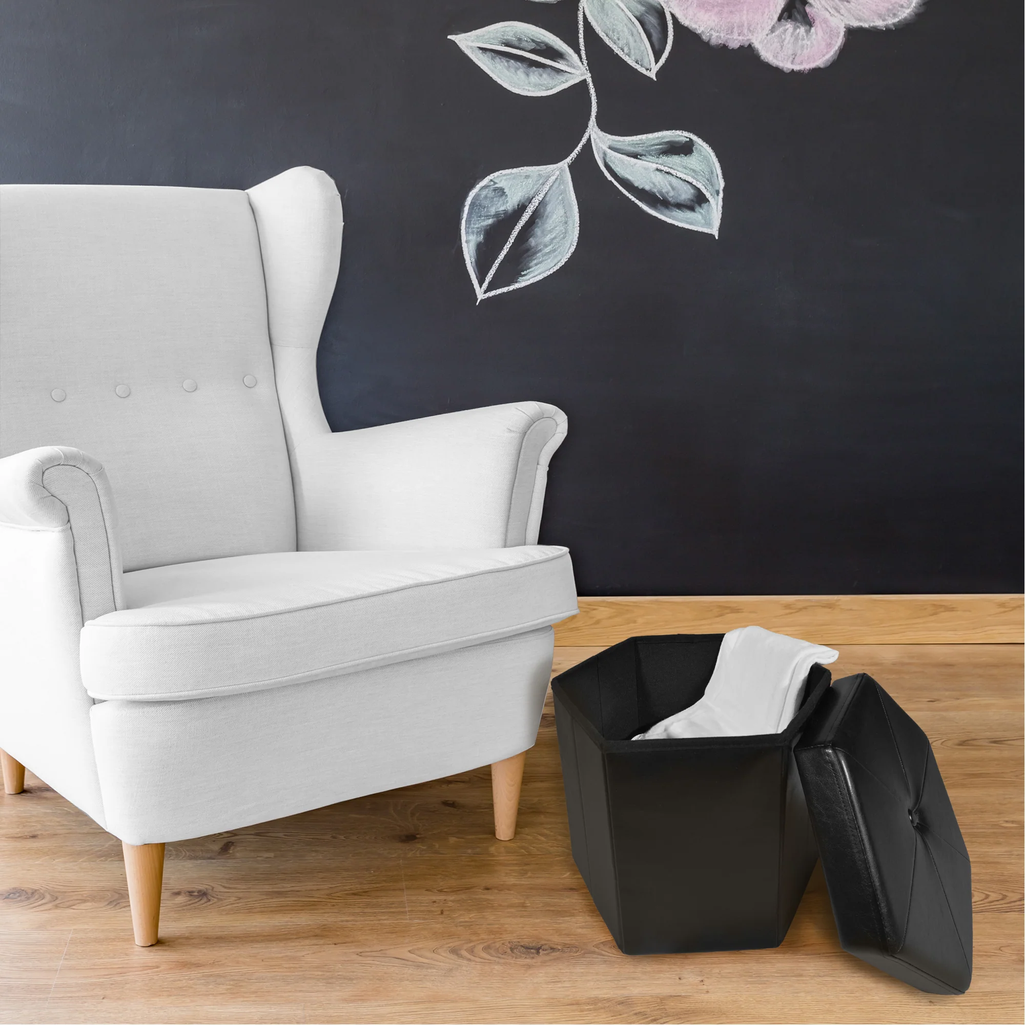 Collapsible Hexagon Storage Ottoman, Black Faux Leather, 15x15x15 Inches - Image 2