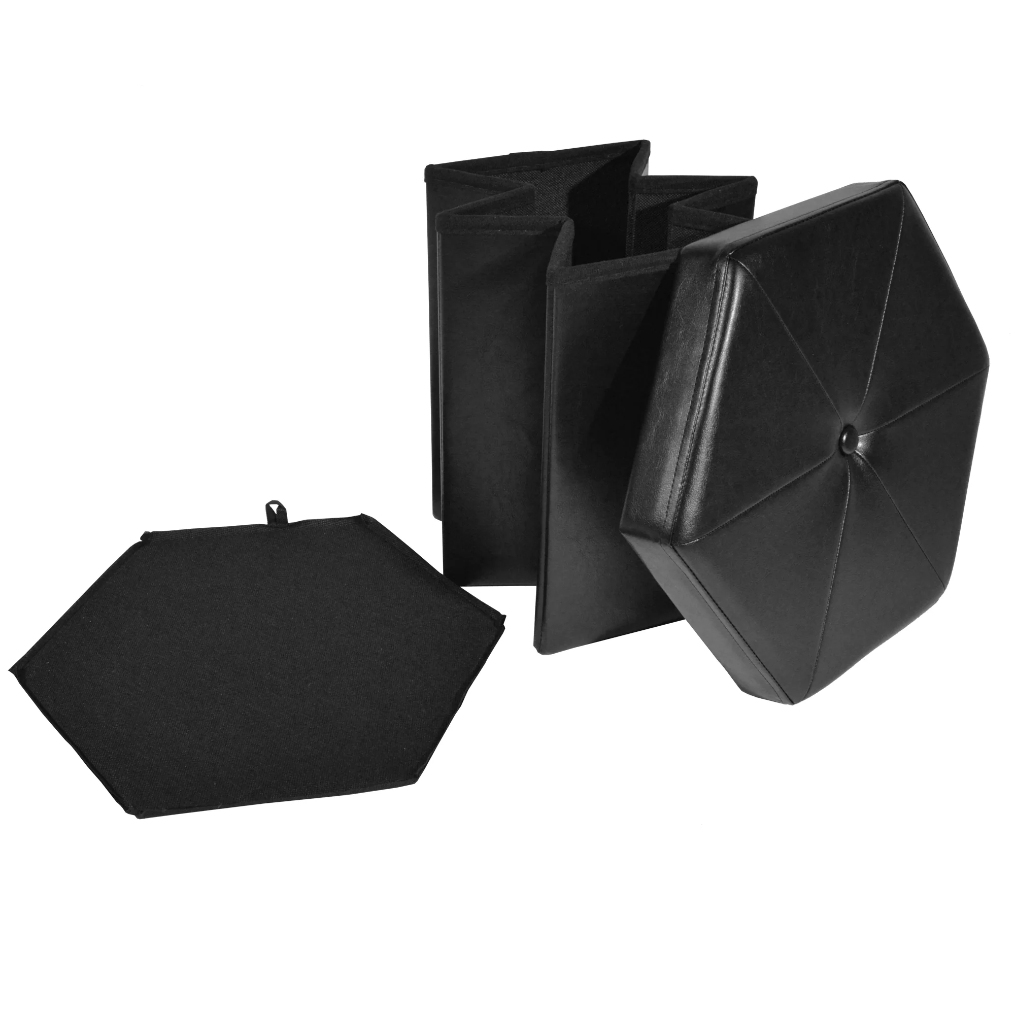 Collapsible Hexagon Storage Ottoman, Black Faux Leather, 15x15x15 Inches - Image 3