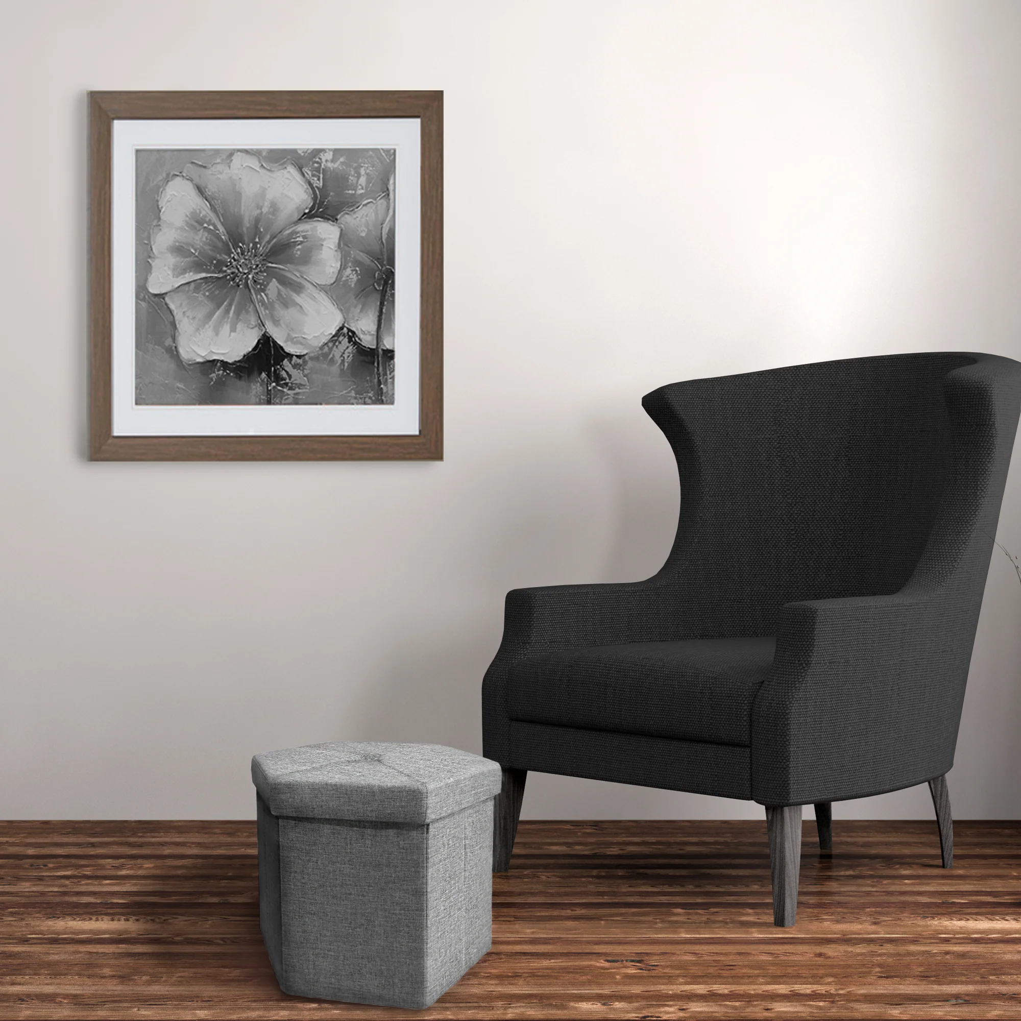 Collapsible Hexagon Storage Ottoman, Grey Linen, 15x15x15 Inches - Image 2