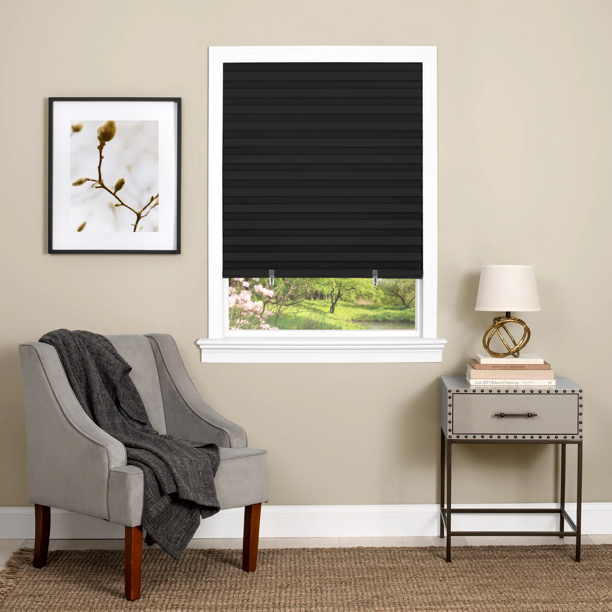Cordless 1-2-3 Peel n Stick Vinyl Pleated Room Darkening Window Shade, Black, 36x75 Inches