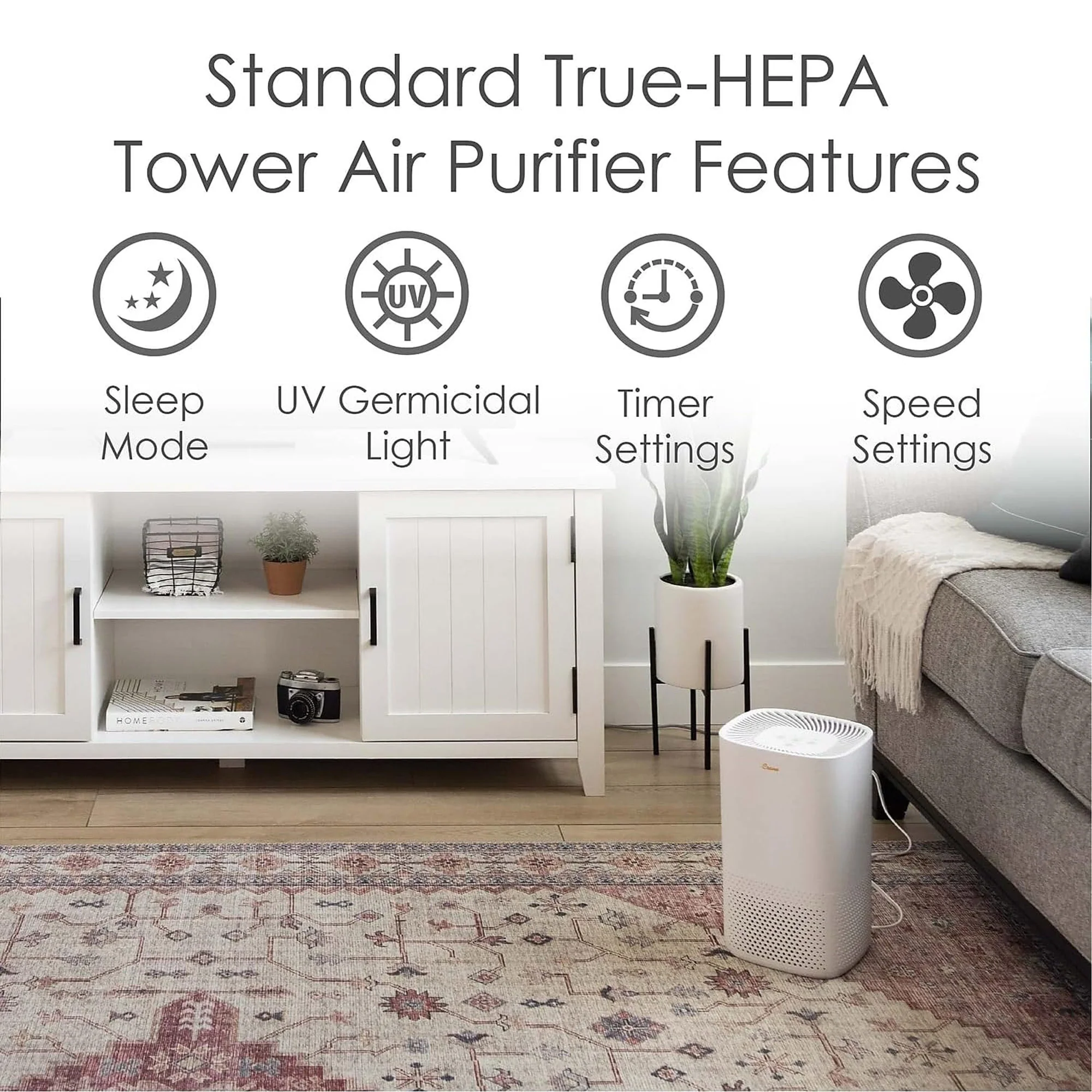Crane Air Purifier with UV Light and True HEPA Filter, White, 250 Sq Ft Coverage - Image 4
