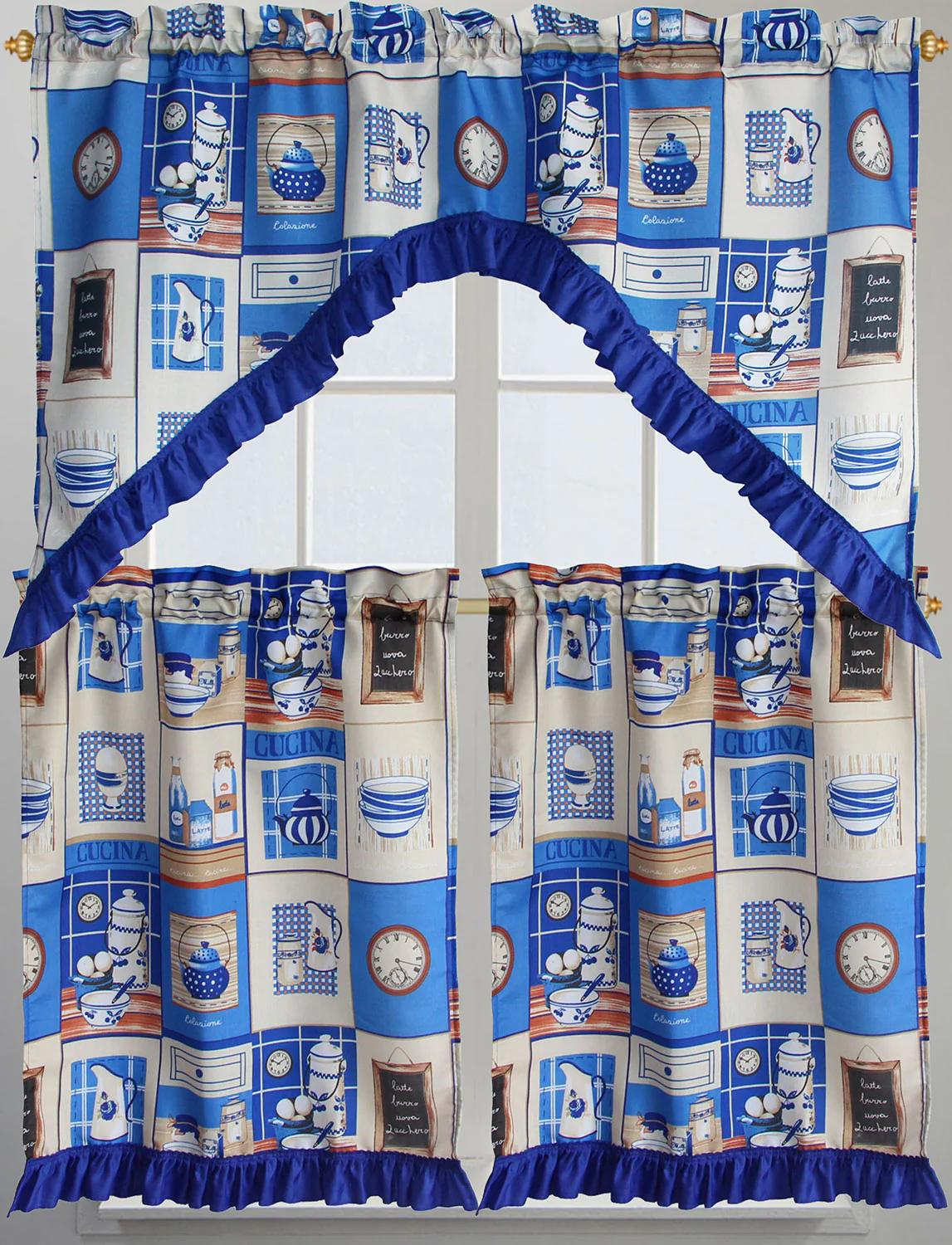 Cucina 3-Piece Sheer Kitchen Curtain Set, Valance 60x36 Inches Tiers 30x36 Inches