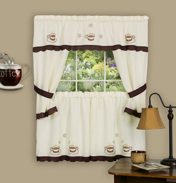 Cuppa Joe Brown Embellished Cottage Kitchen Curtain Set - 58x36 & 58x36