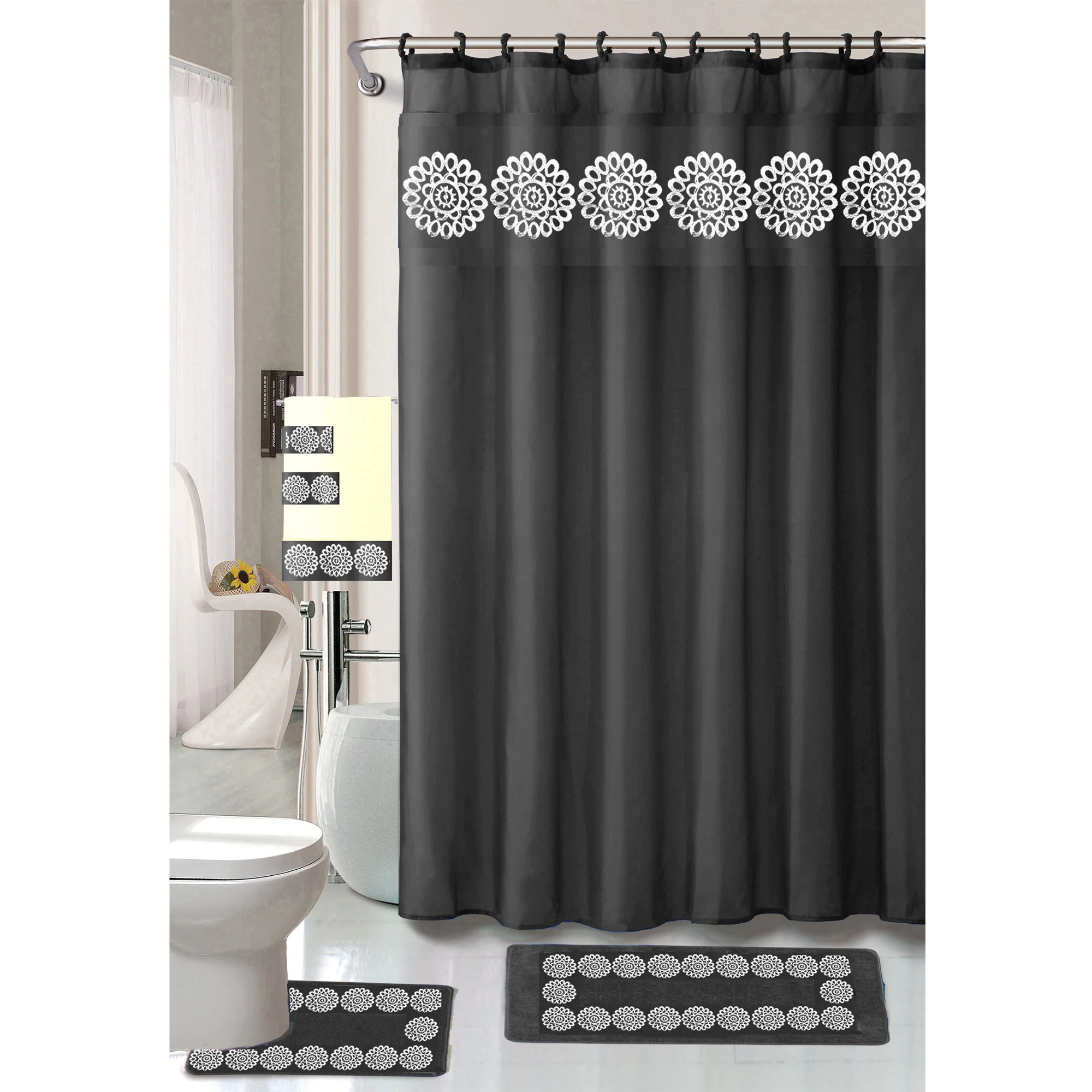 Cynthia 18 Piece Shower Curtain with Embroidered Non-Slip Bath Rug and Towel Set - Image 6