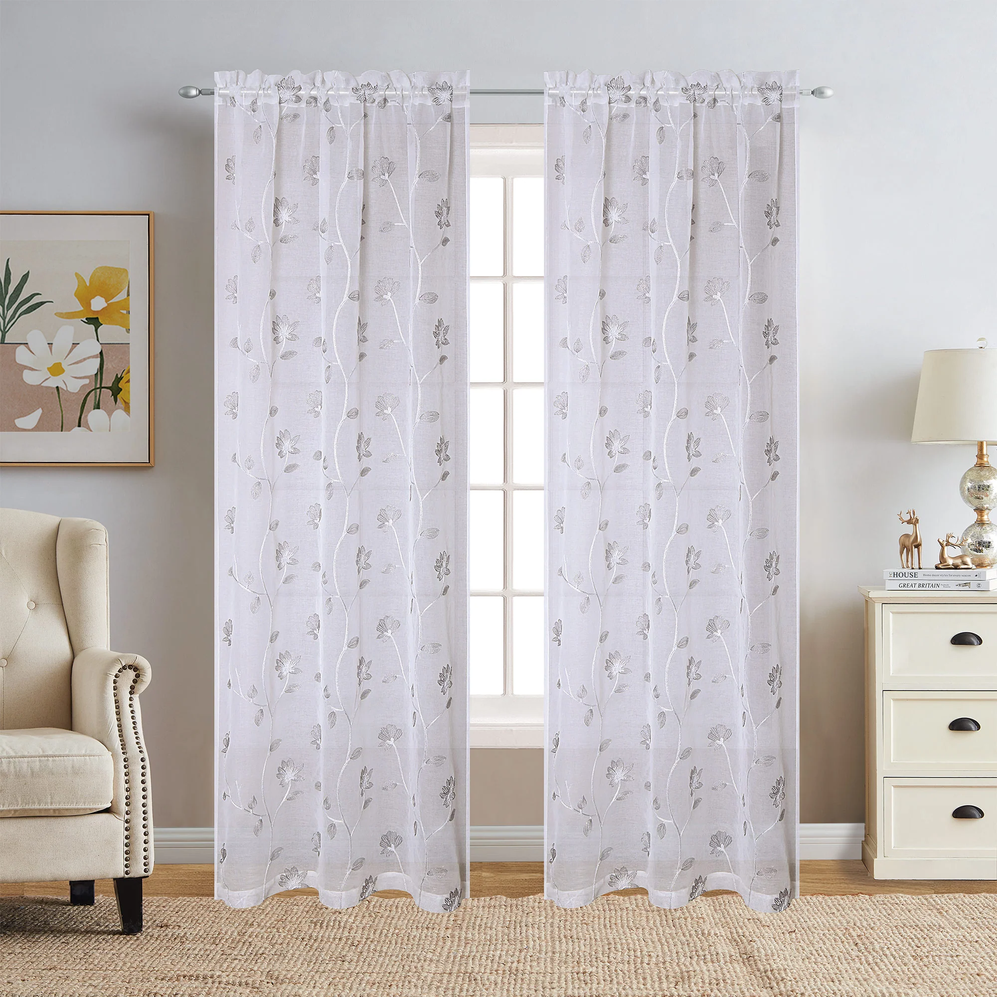 Debra 2 Piece Floral Embroidered Rod Pocket Window Panels, 38x84 Inches - Image 2