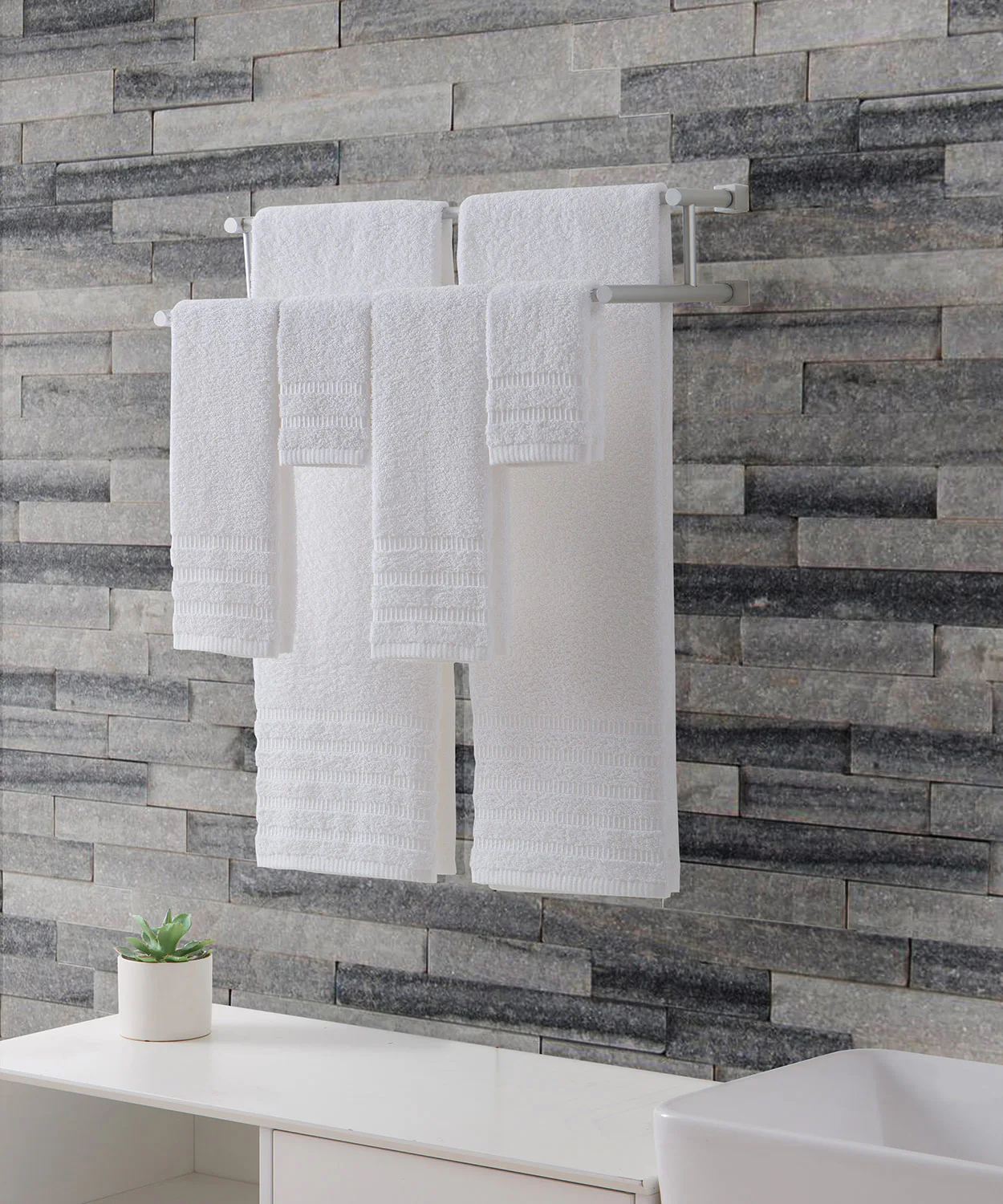 Downtown Collection Wide Ribbed Hotel 6-Piece Towel Set, 100% Cotton, White