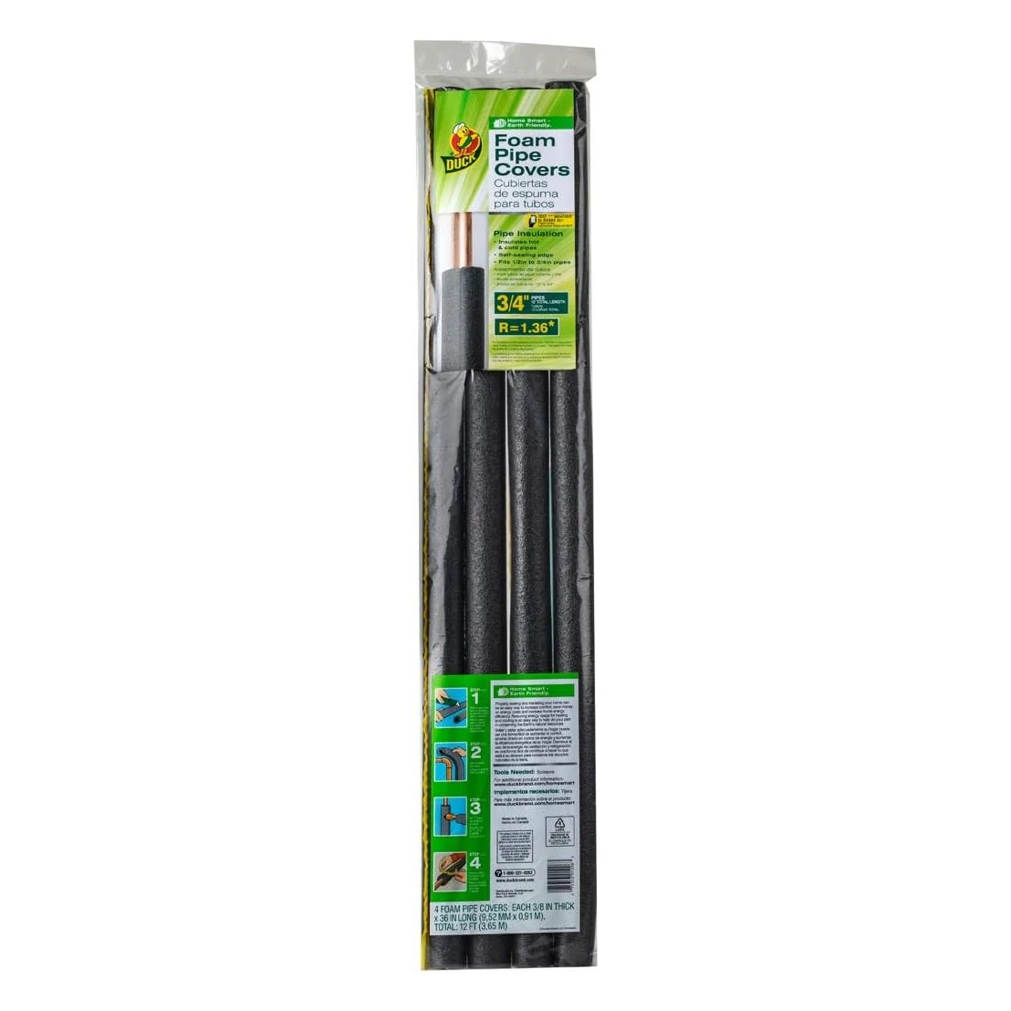 Duck Brand Insulating Foam Pipe Covers, 0.75-Inch by 3-Feet, Pack of 4 Sticks, 1285241