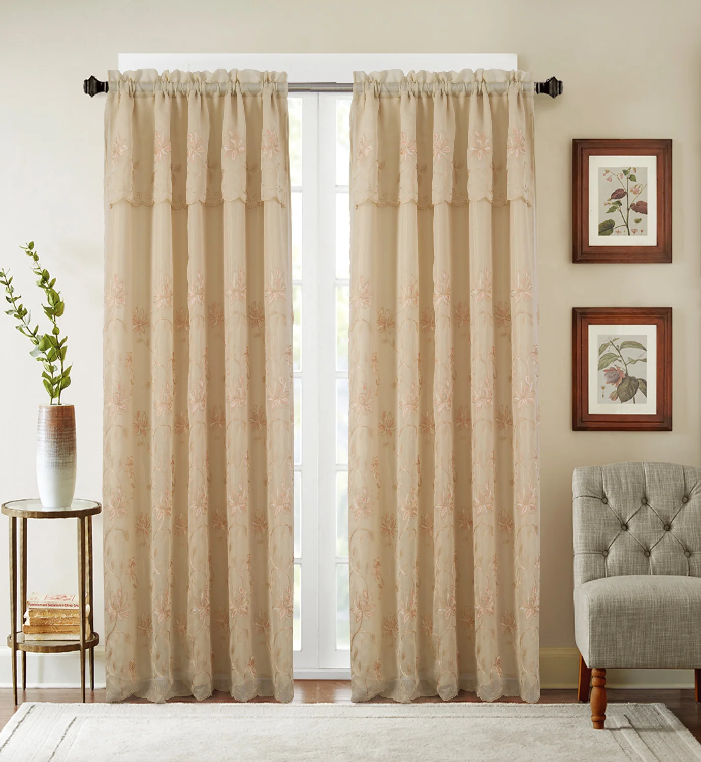 Durant Embroidered Rod Pocket Panel With Attached Valance, 54x84 Inches - Image 3