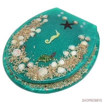Elegant Touch Seashell Seahorse Design Polyresin Standard Toilet Seat, Green