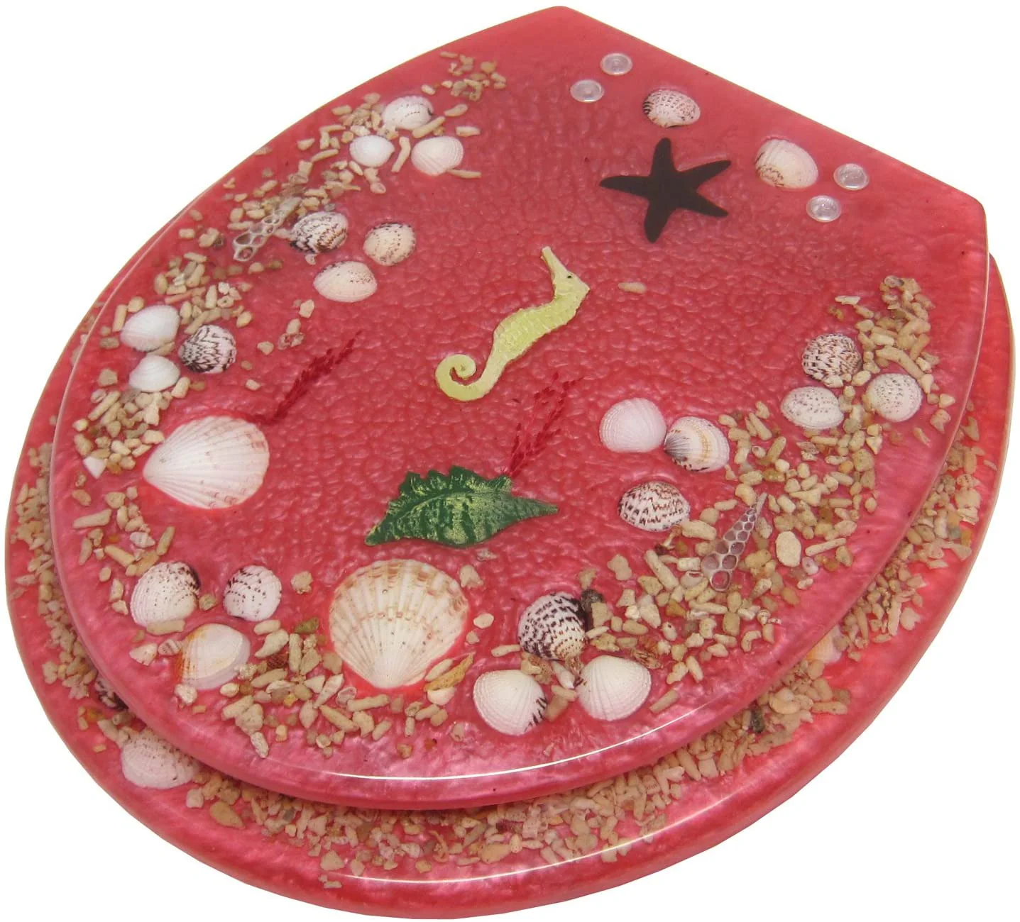 Elegant Touch Seashell Seahorse Design Polyresin Standard Toilet Seat, Pink