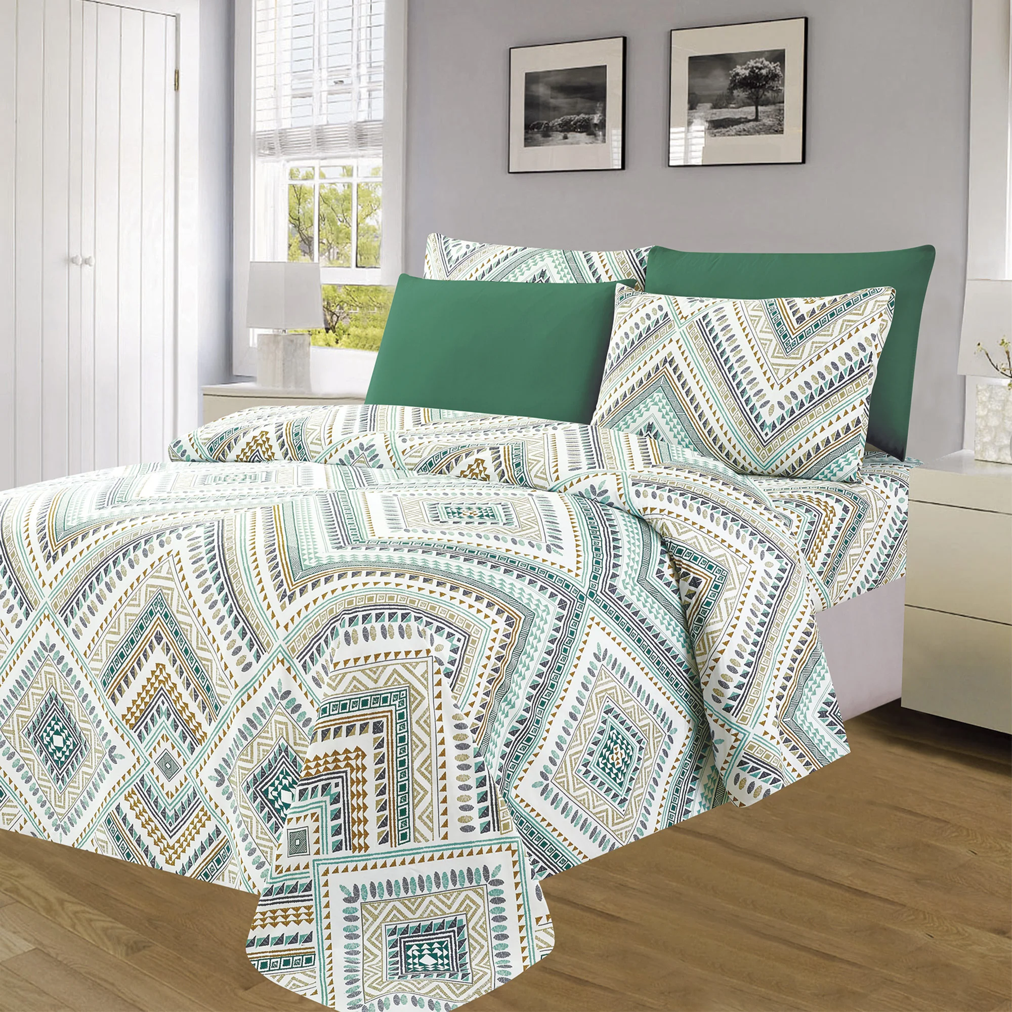 Essentials Bright 4 & 6 Piece Printed Wrinkle-Free Sheet Set, Emerald Geo - Image 3