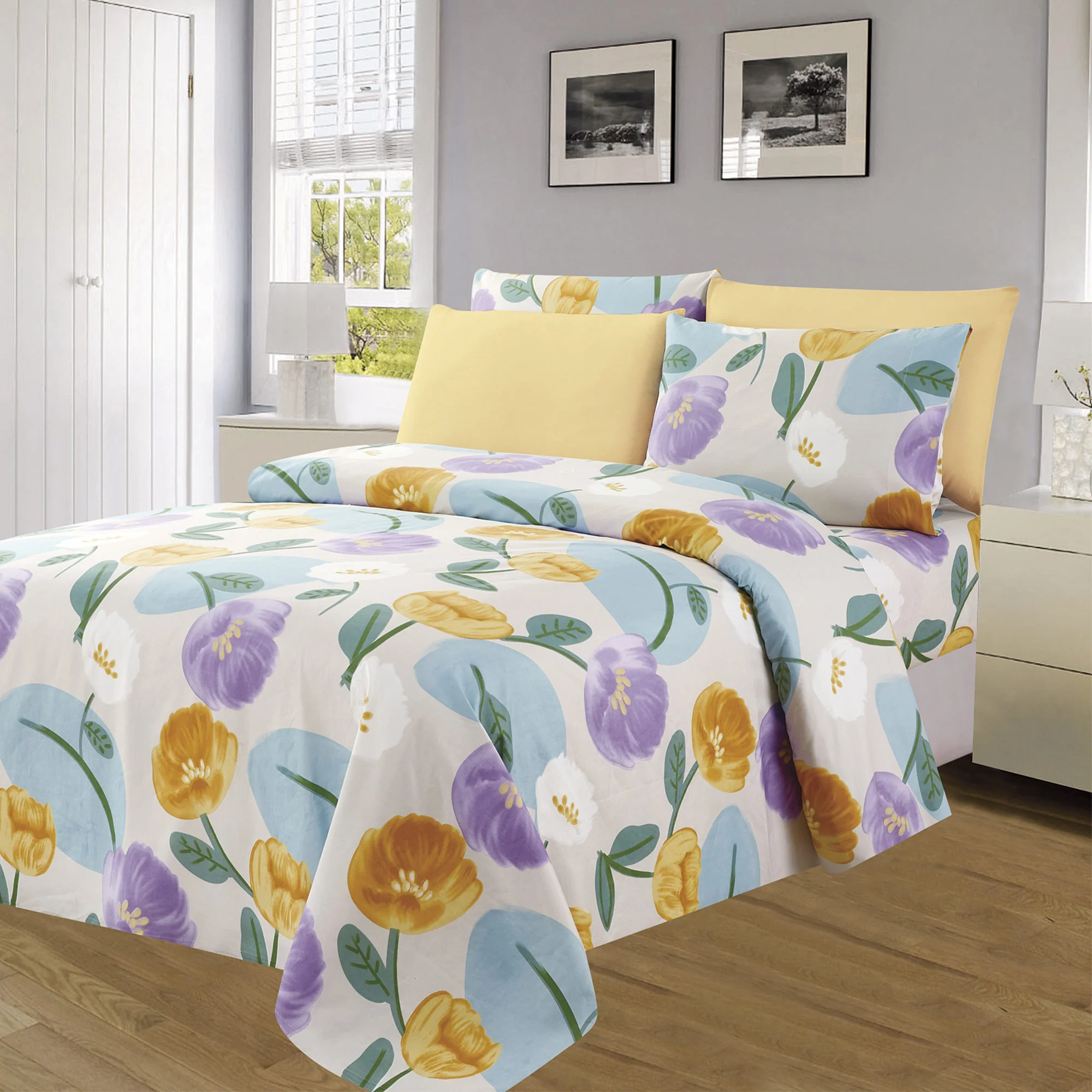 Essentials Bright 4 & 6 Piece Printed Wrinkle-Free Sheet Set, Harmony Bloom - Image 4