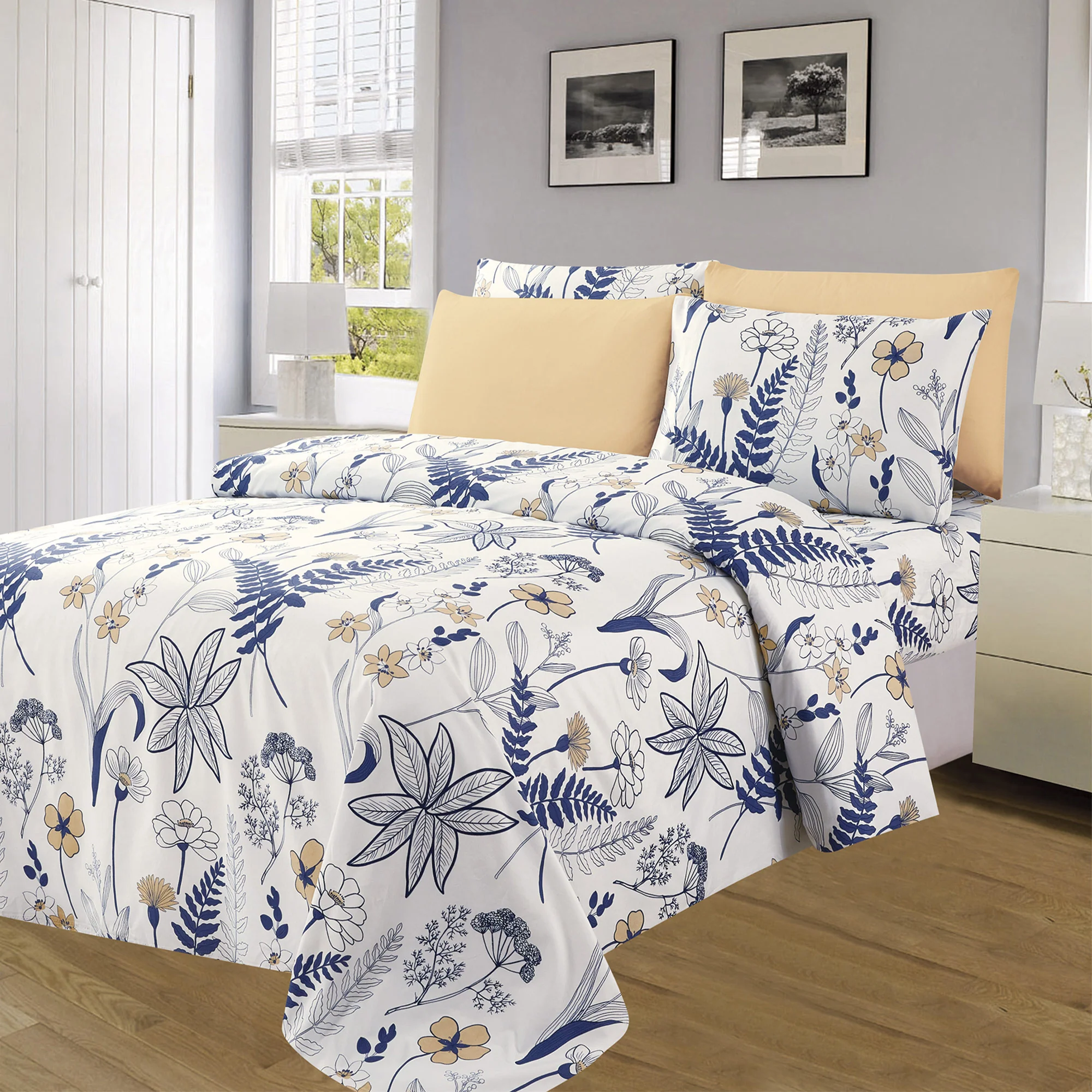 Essentials Bright 4 & 6 Piece Printed Wrinkle-Free Sheet Set, Stencil Flower - Image 2