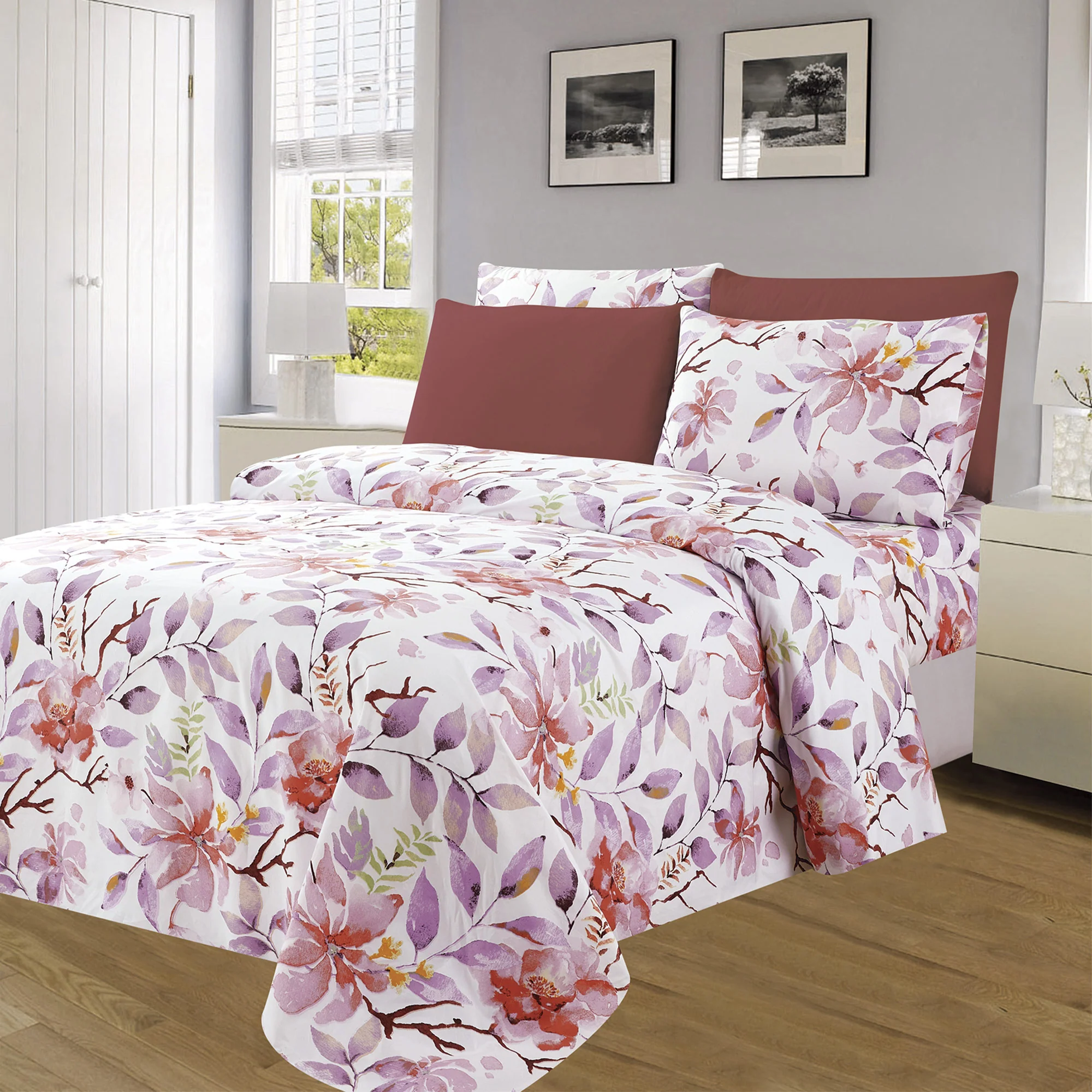 Essentials Bright 4 & 6 Piece Printed Wrinkle-Free Sheet Set, Twilight Bloom - Image 2