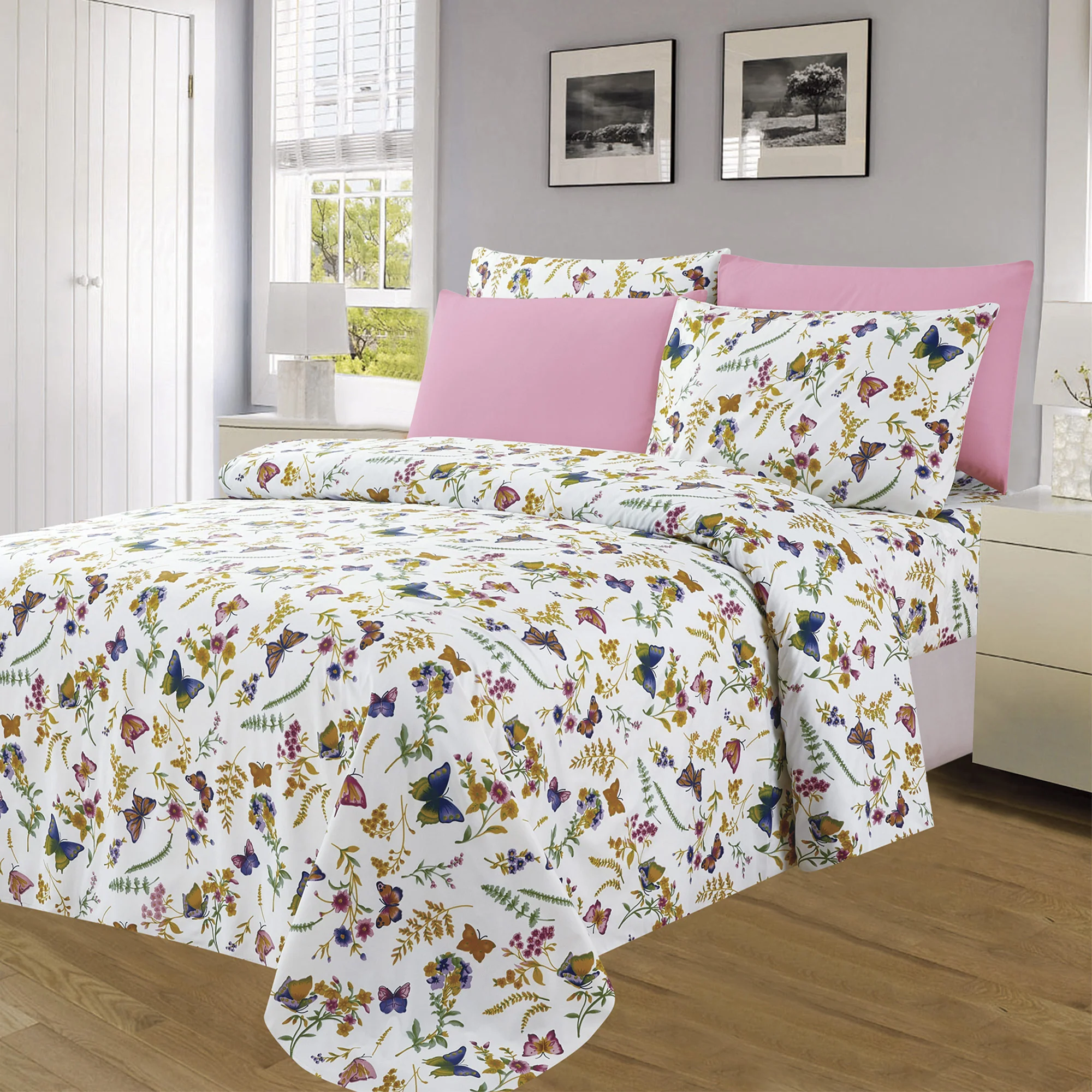 Essentials Neutral 4 & 6 Piece Printed Wrinkle-Free Sheet Set, Butterflies