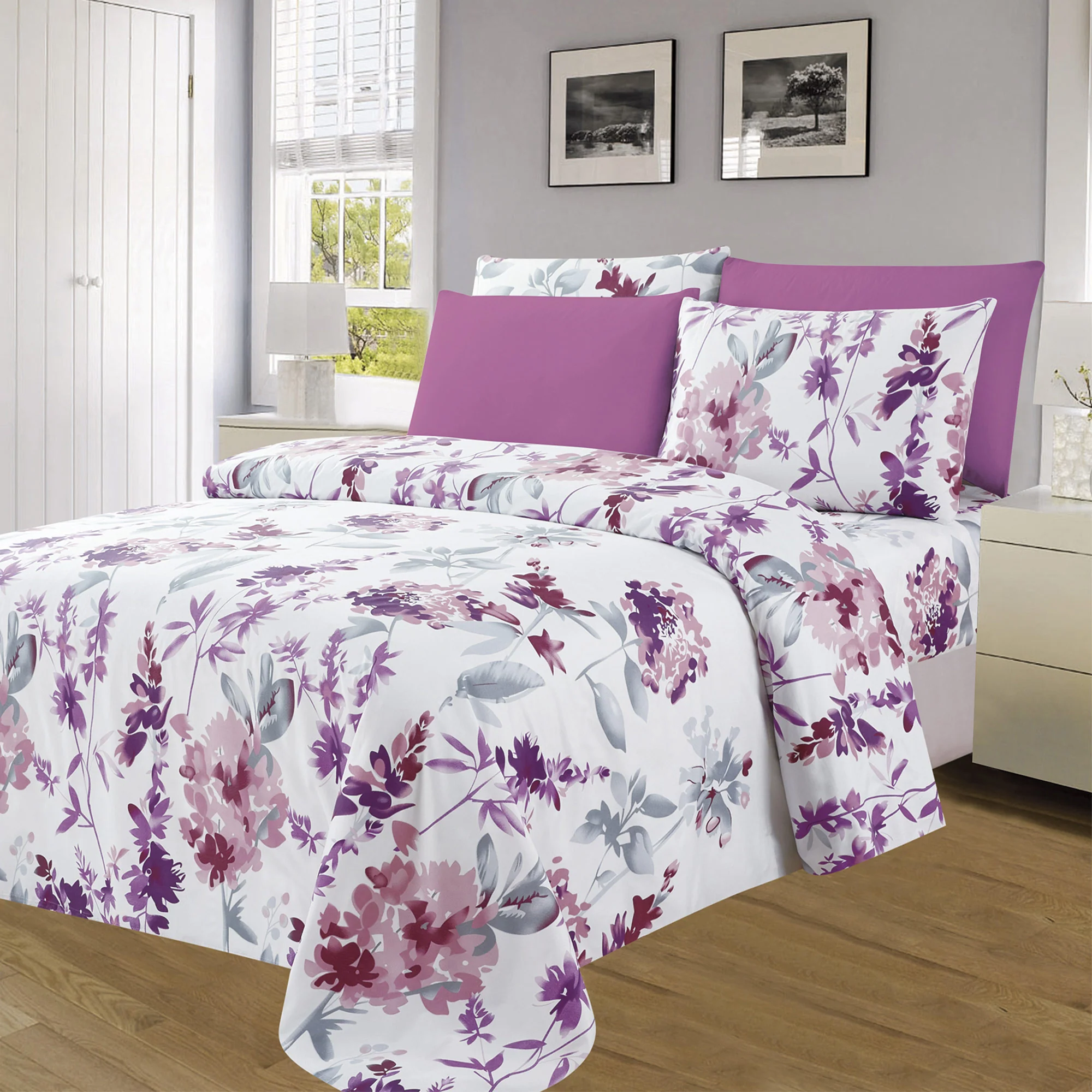 Essentials Neutral 4 & 6 Piece Printed Wrinkle-Free Sheet Set, Lavender Garden