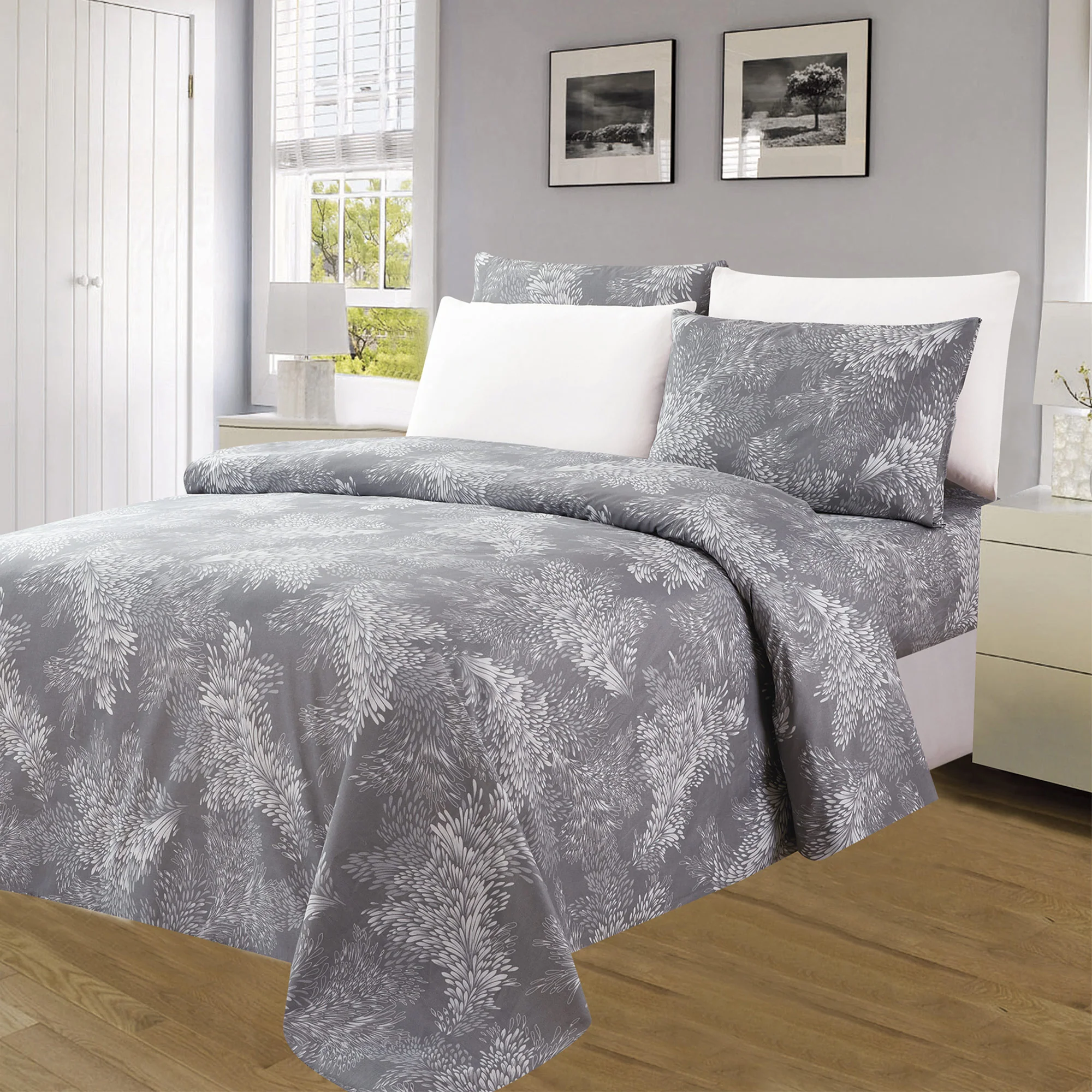 Essentials Neutral 4 & 6 Piece Printed Wrinkle-Free Sheet Set, Silver Pine - Image 2