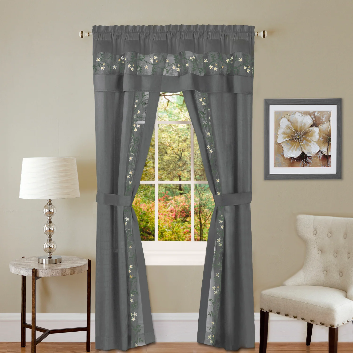 Fairfield Complete 5-Piece Panel, Valance & Tieback Set, Grey, 55x84 Inches