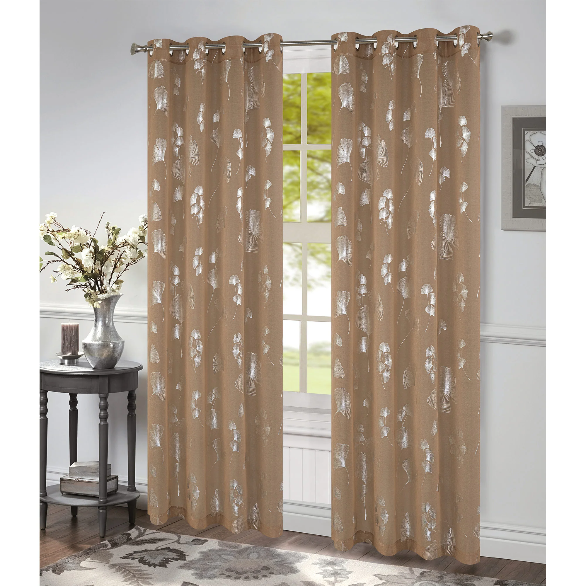 Felicity Ginkgo Leaf Foil Print Sheer Grommet Window Panel, 54x84 Inches - Image 2