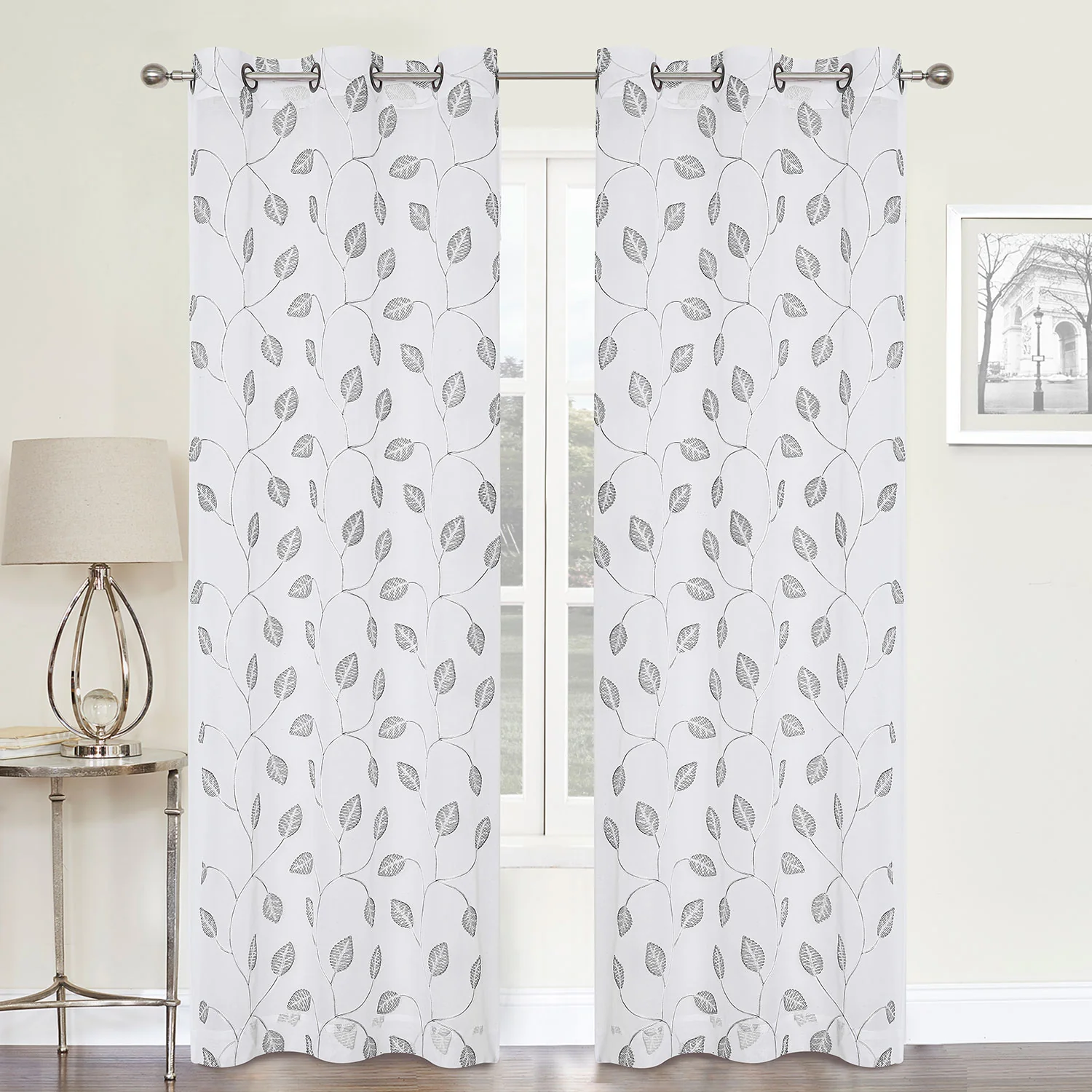 Florence Vine Leaves Sheer Embroidered Grommet Window Panel, 54x84 Inches - Image 5