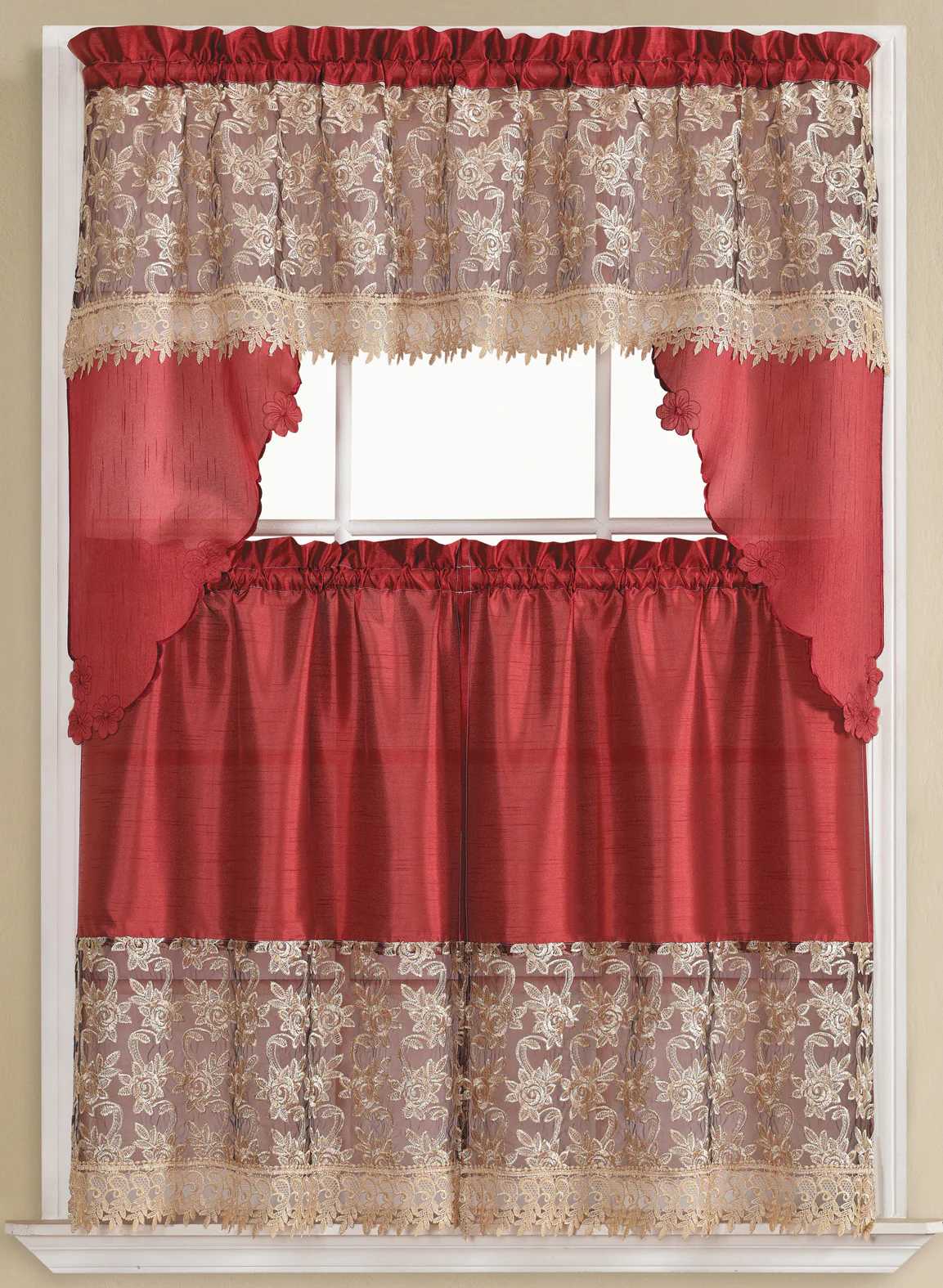 Freida Embroidered Macrame Kitchen Curtain Set, Burgundy, Tier 30x36, Valance 60x36 Inches