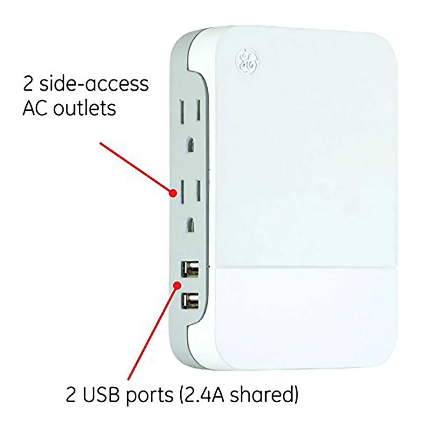 GE Pro USB Charging Surge Protector with 2 Side Access Outlets and 2 USB Ports, 2.4 AMP Shared - Image 5