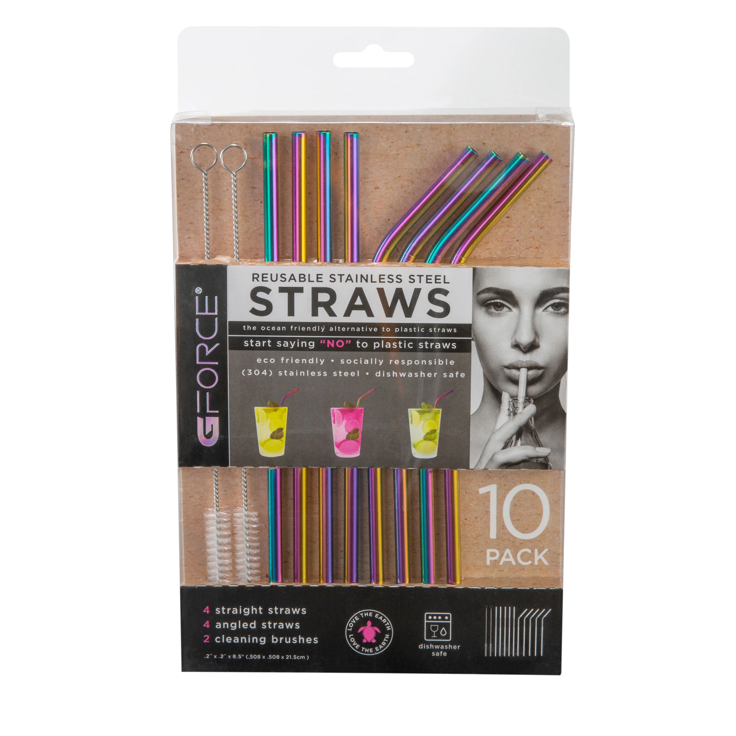 Gforce Eco-Friendly Reusable Stainless Steel Rainbow 10 Pack Straw Set, with 2 Cleaning Brushes