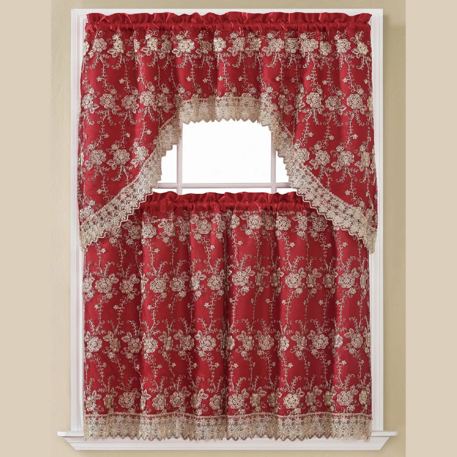 Gloria 3-Piece Floral Embroidered Kitchen Curtain Swag And Tier Set, 60x36 and 30x36 Inches - Image 2