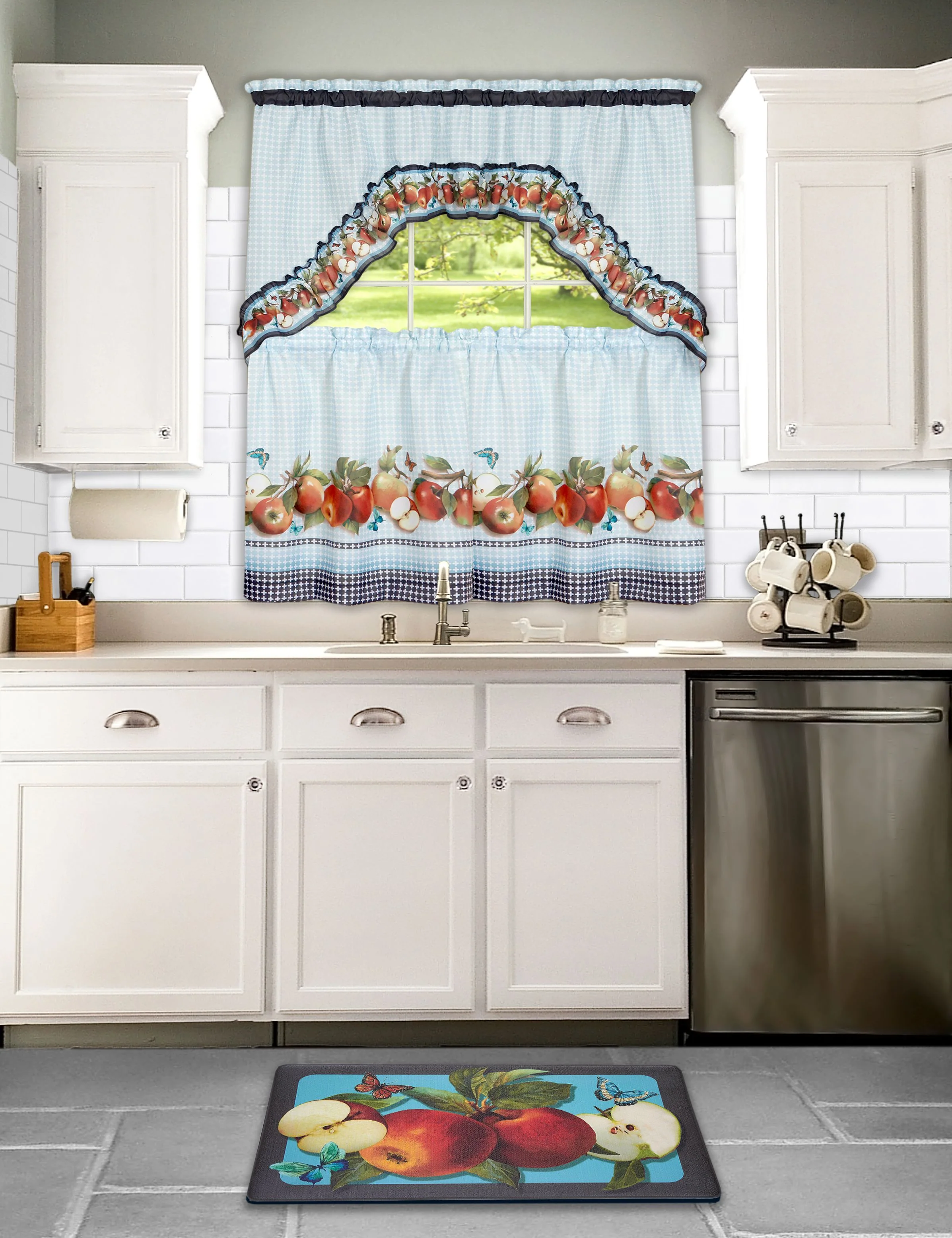 Golden Delicious 3-Piece Kitchen Curtain Swag & Tiers Set, Ice Blue, 57x36 & 57x30 - Image 2