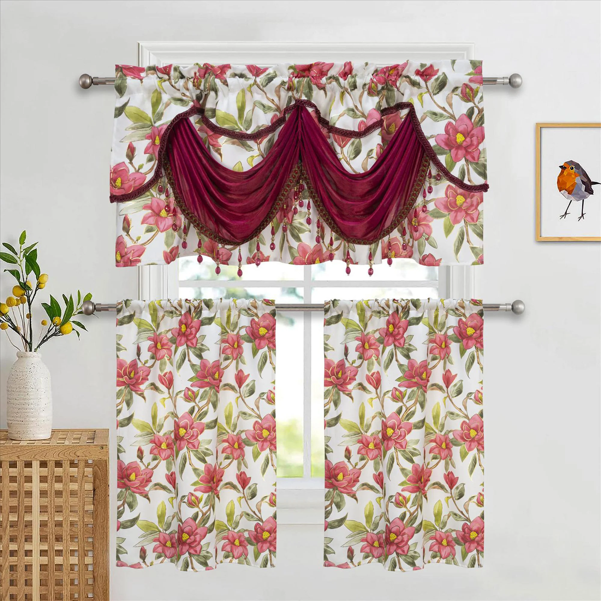Goldie Floral Kitchen Curtain Set, Waterfall Swag Valance 60x36, Tier 30x36 Inches - Image 6