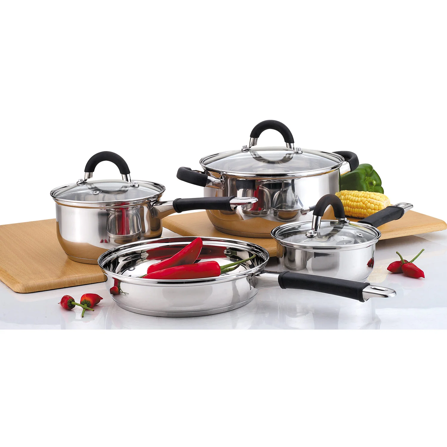 Gourmet Edge 7 Piece Stainless Steel Cookware Set with Glass Lids and Rubber Handles