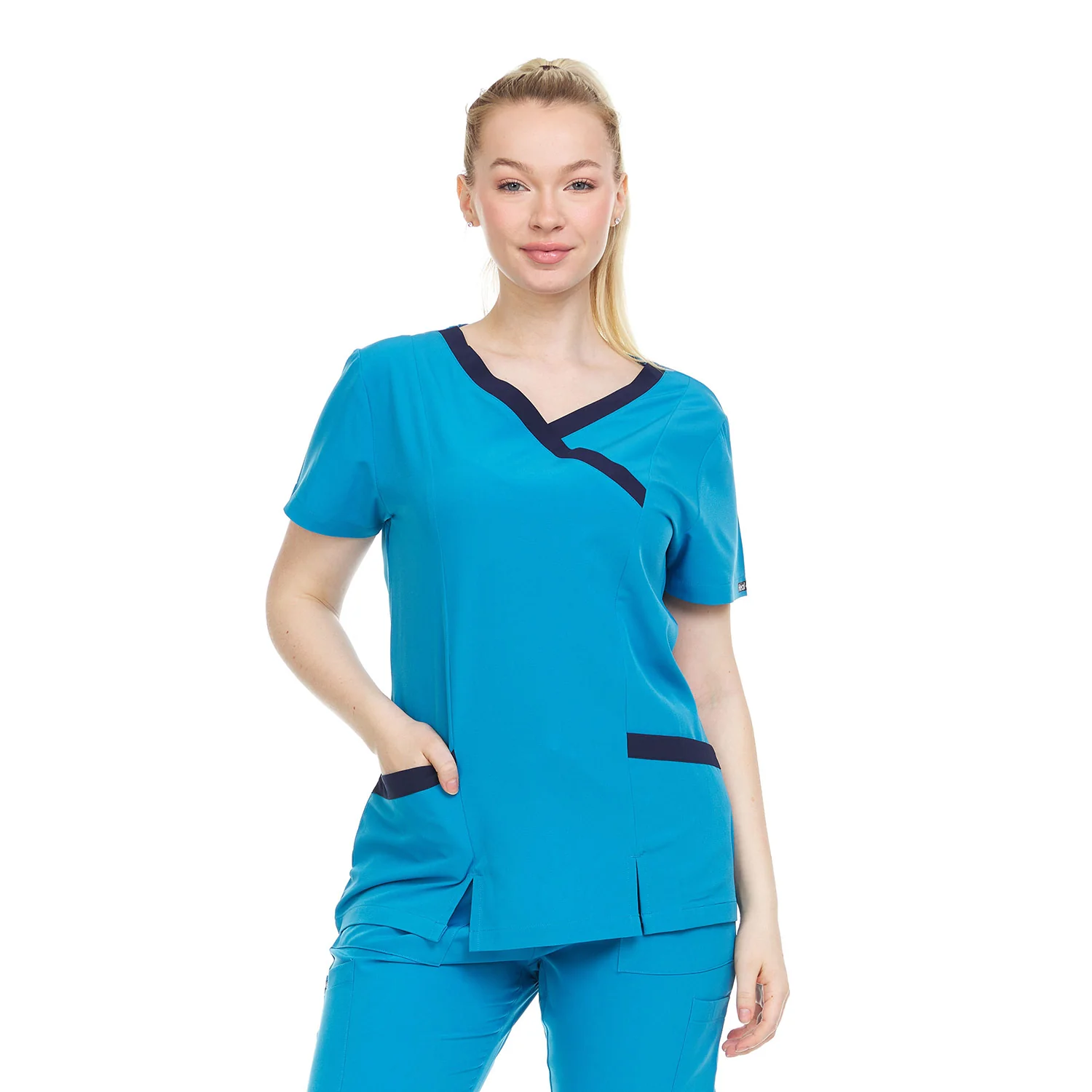 Heal Wear 4-Way Stretch Contrast Mock Wrap Women's Scrub Top - Image 9