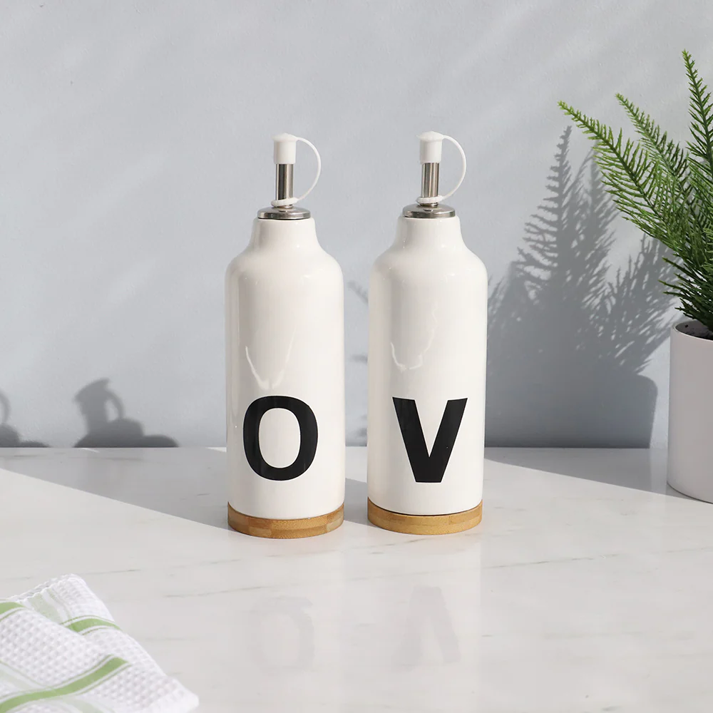 Home Basics 10 oz. Ceramic Oil and Vinegar Set with Bamboo Accents, White - Image 4
