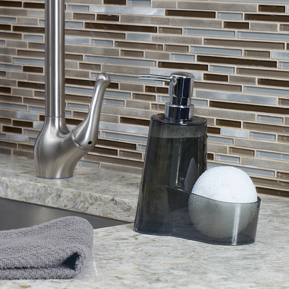 Home Basics 13.5 oz. Plastic Soap Dispenser with Sponge Compartment, Grey - Image 4