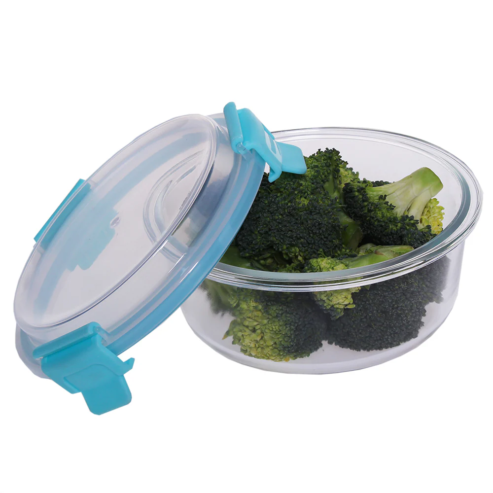 Home Basics 13 oz.  Round Leak and Spill Proof  Borosilicate Glass  Food Storage Dishwasher Safe Meal Prep Storage Container with Air-tight Plastic Lid, Turquoise - Image 2