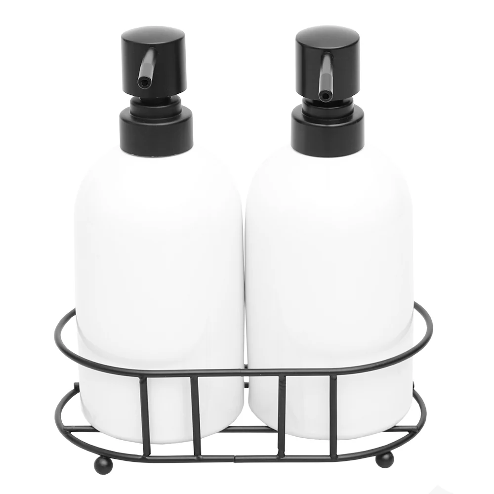 Home Basics 2 Piece Ceramic Soap Dispenser Set with Metal Caddy, White - Image 2
